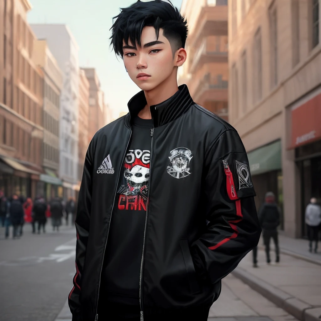 cool guy, , black jacket, with tiny z logo design in jacket with red eye and black hair