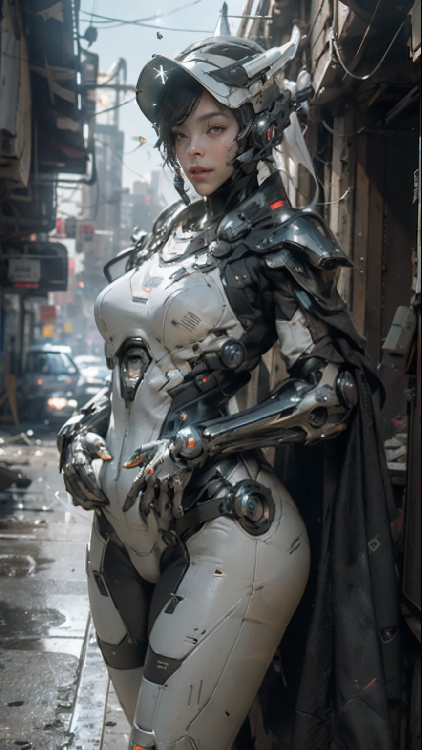 ((best quality)), ((masterpiece)), ((realistic)), (detailed), (photorealistic:1.5), a futuristic girl, (thick body), (white bodysuit), lights on armor, cybernetic headwear, looking at viewer, dynamic pose, post apocalyptic, destroyed city background, buildings on fire, science fiction, hdr, ray tracing, nvidia rtx, super-resolution, unreal 5, subsurface scattering, pbr texturing, post-processing, anisotropic filtering, depth of field, maximum clarity and sharpness, rule of thirds, 8k raw, (luminescent particles:1.4), (extremely detailed cg, unity 8k wallpaper, 3d, cinematic lighting, lens flare), reflections, sharp focus, cyberpunk art, cyberpunk architecture,