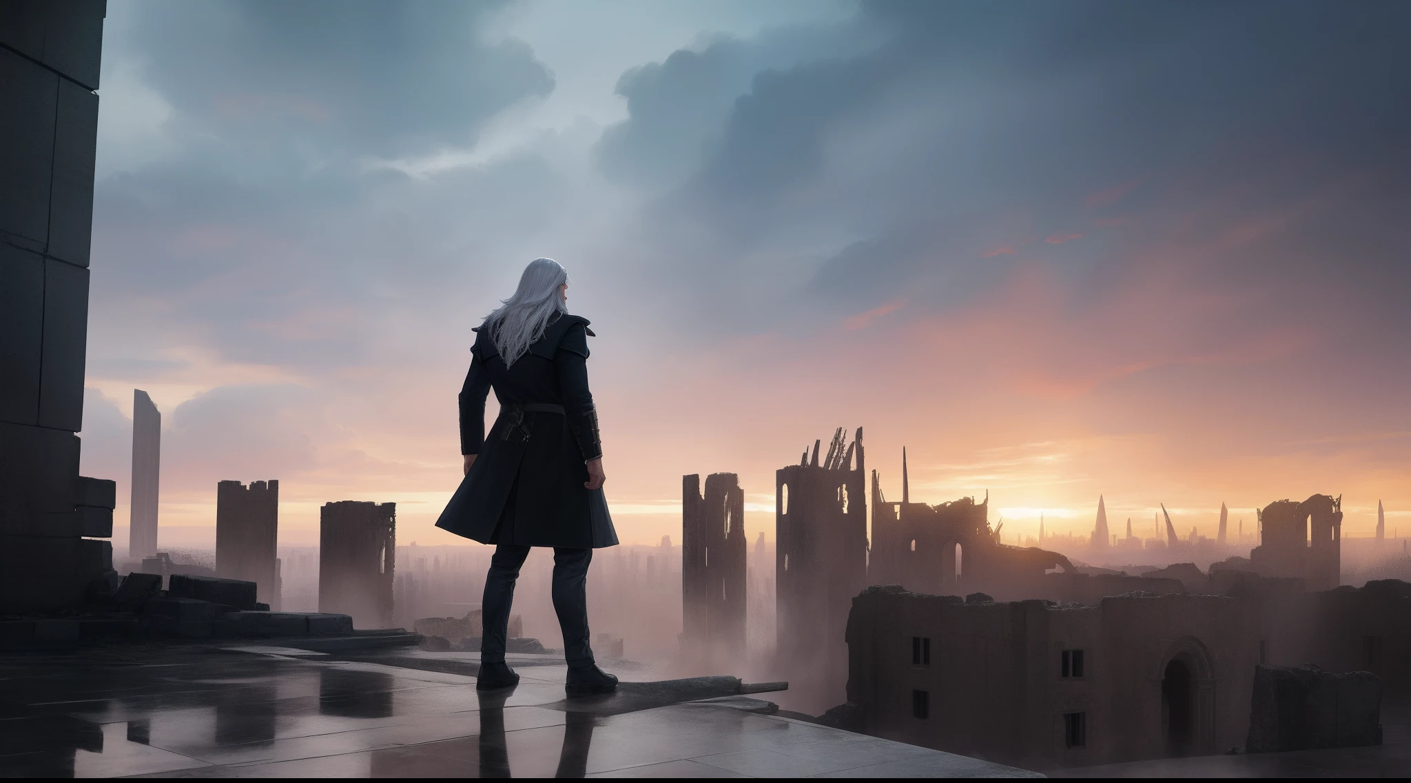 Masterpiece,Best quality,High detail,Epic detail,hyper qualit,8K,illusory engine,Sophisticated,ultra - detailed,best qualtiy,Solo,long white hair,black greatcoat,A grown man stands on top of the ruins of the city,Barren roads,Torrential downpour,Dimly lit sky。Wide view,cinema shot