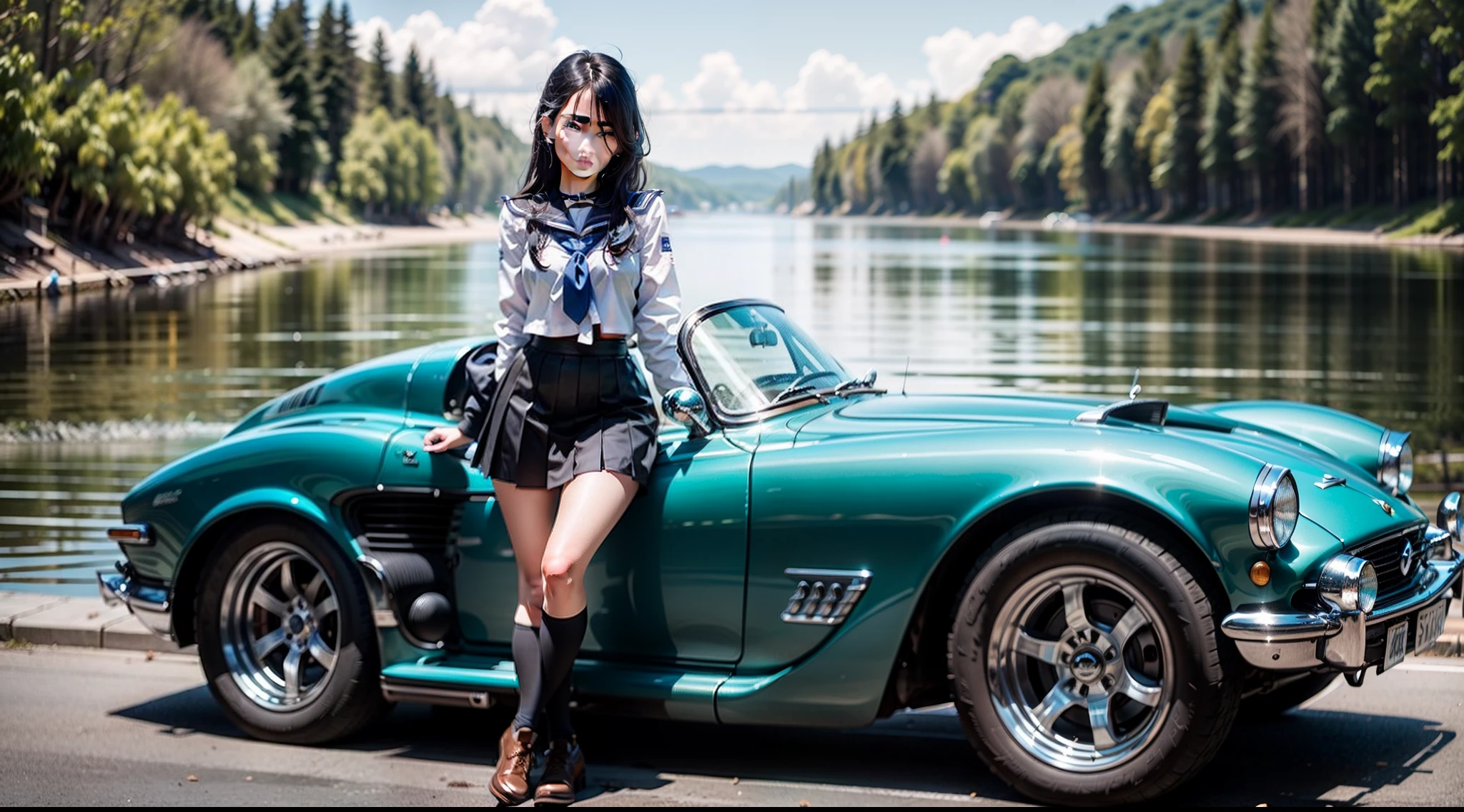 ((Masterpiece, Best quality)), ((1girll)), (1girll:1), [Car], Solo,  Sitting , side locks, aqua eyes, bangs, hair between eye,  view the viewer,  Long sleeves,Bright,Beautiful detailed sky, River,Blue water,wild,Outdoors , Seaside,Light,[motorvehicle],[groundvehicle], sports cars, Black sailor collar, Black serafuku, Long hair, Black hair, black thighhigns, Pleated skirt, brownfootwear, Vehicle focus,