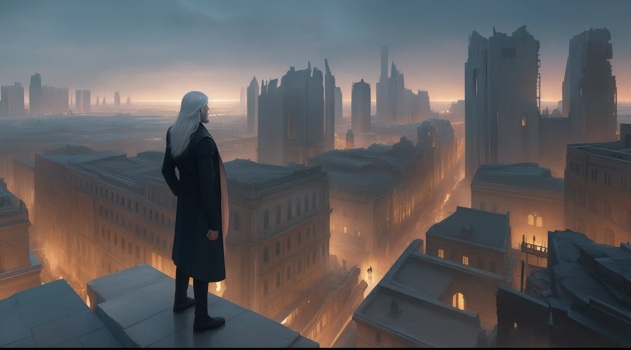 Masterpiece，Best quality，High detail，Epic detail，hyper qualit，8K，illusory engine，Sophisticated，ultra - detailed，best qualtiy，Solo，long  white hair，black greatcoat，A grown man stands on top of the ruins of the city，Barren roads，Torrential downpour，Dimly lit sky。Wide view，cinema shot