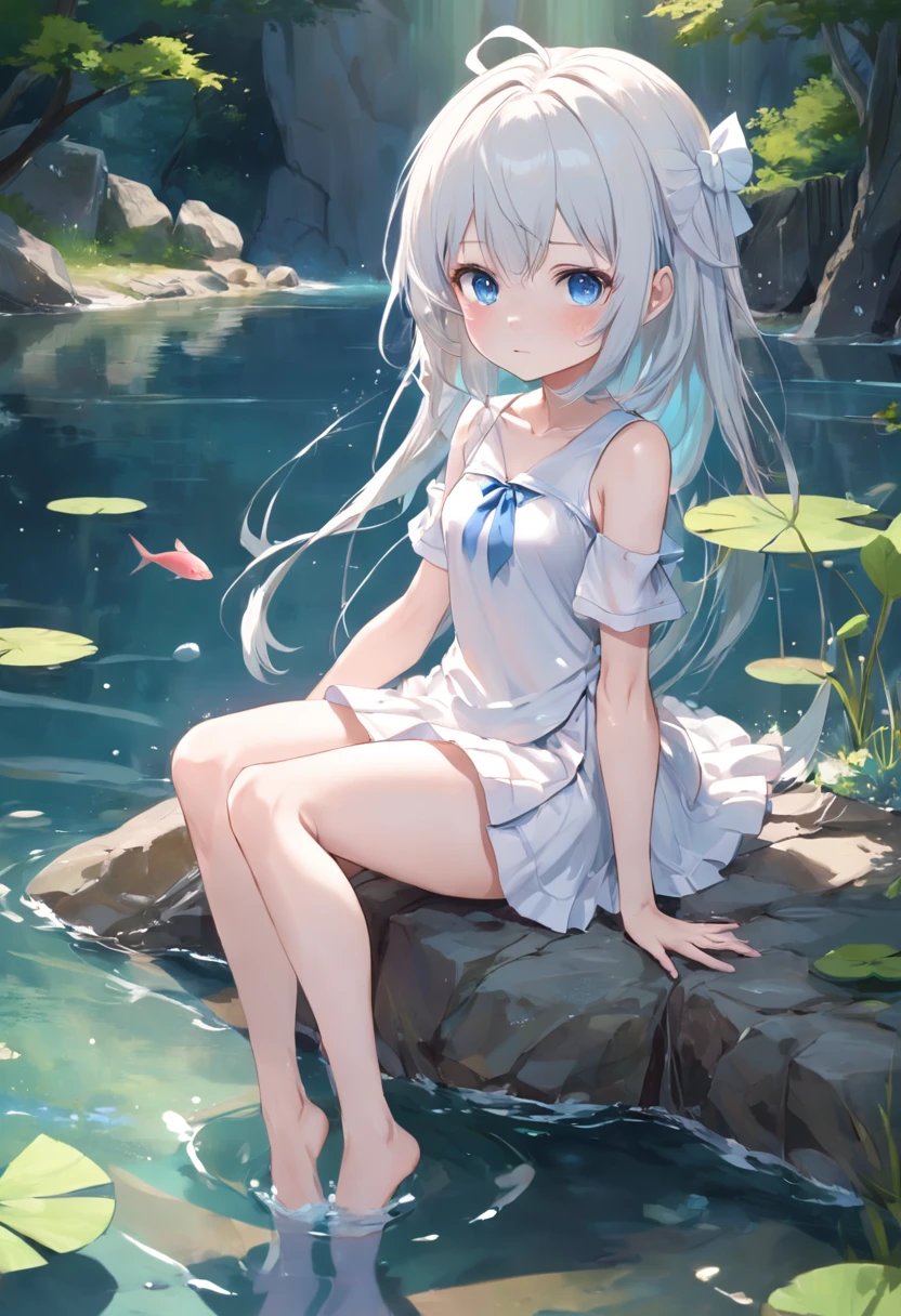 Cute ,long whitr hair,Leaky shoulders,Barefoot,head looking up,Lie on the ground,Raise your feet,shift dresses,white panties,largeeyes,Anime cute face,Lolig white socks,Wet da