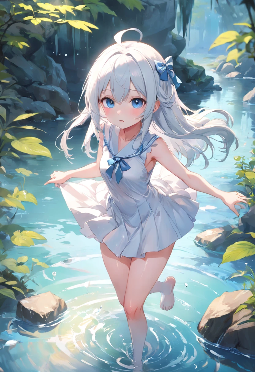 (HD illustrations),The best picture quality, The best lighting effects,With blue eyes,stubasa(silber hair:1.3+whaite hair), Lakeside clear pond, Petite slender legs,Short white skirt,Splash water,Fresh face,Pure and lovely，Cute loli，long whitr hair，Leaky shoulders，Barefoot，head looking up，Lie on the ground，Raise your feet，shift dresses，white  panties，largeeyes，Anime cute face，Loli，Long white socks，Masturbation