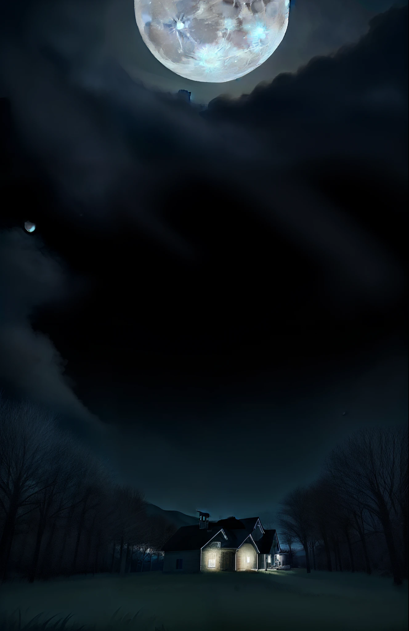 At night, the sky is clear, a full moon, a full moon, a meadow, a house, trees in the distance, and hillsides