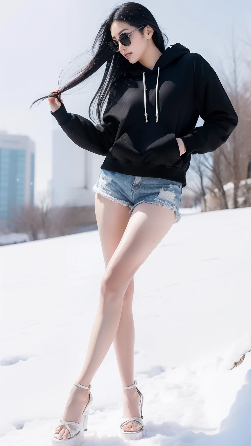 A Japanese Lady、beauitful face、Black sunglasses、Long Black Hair、voluminous hair、Black hoodie、Micro shorts、beauty legs、long legged、Raw feet、tall、Black pin heels、landing、Oyuki、blizzard、snow cover