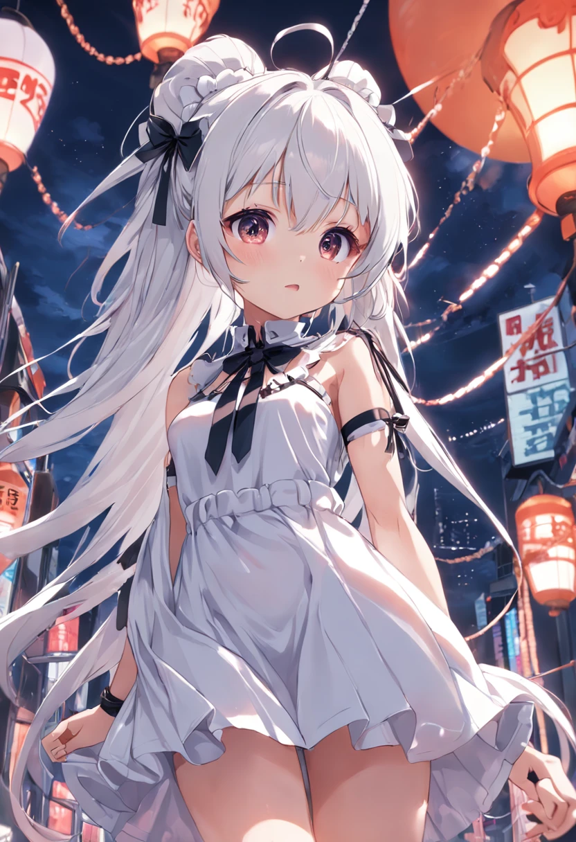White hair，long whitr hair，Lolita skirt，Lift your skirt