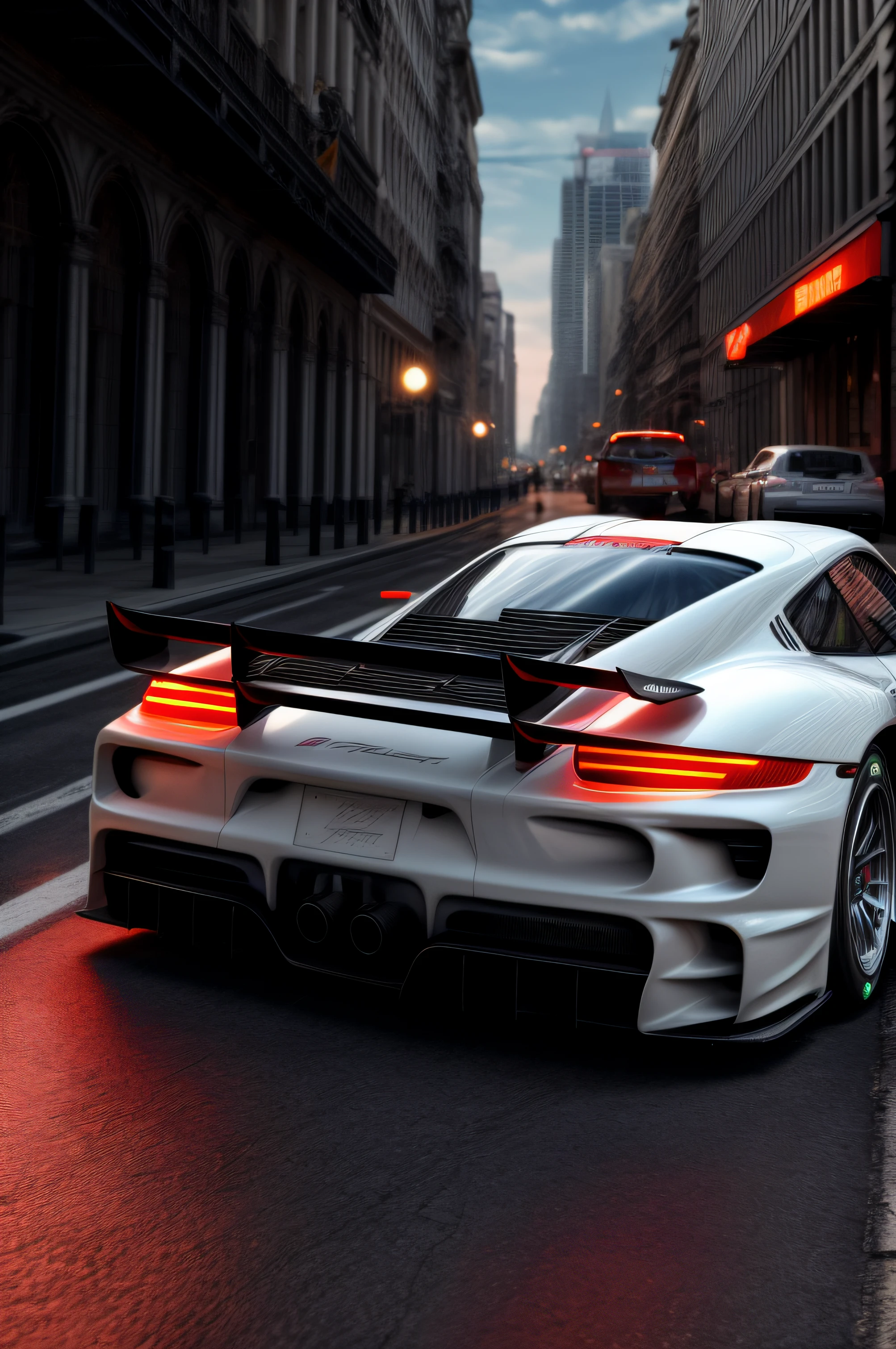 1 arafed wide body white 1997 Porsche GT1 racing on a city street at night, back view, back of car view glowing ember tailights, aggressive back end, no emblems, , hq 4k phone wallpaper, hq 4k wallpaper, 8k stunning artwork, wallpaper 4k, wallpaper 4 k, 4 k render, 4k render, cinematic 4k wallpaper, cinematic 4 k wallpaper, cinematic front shot, wallpaper mobile, extreme render, 8k render, 8 k render, shallow depth of field, micro-details, photorealism, photorealistic, motion blur,