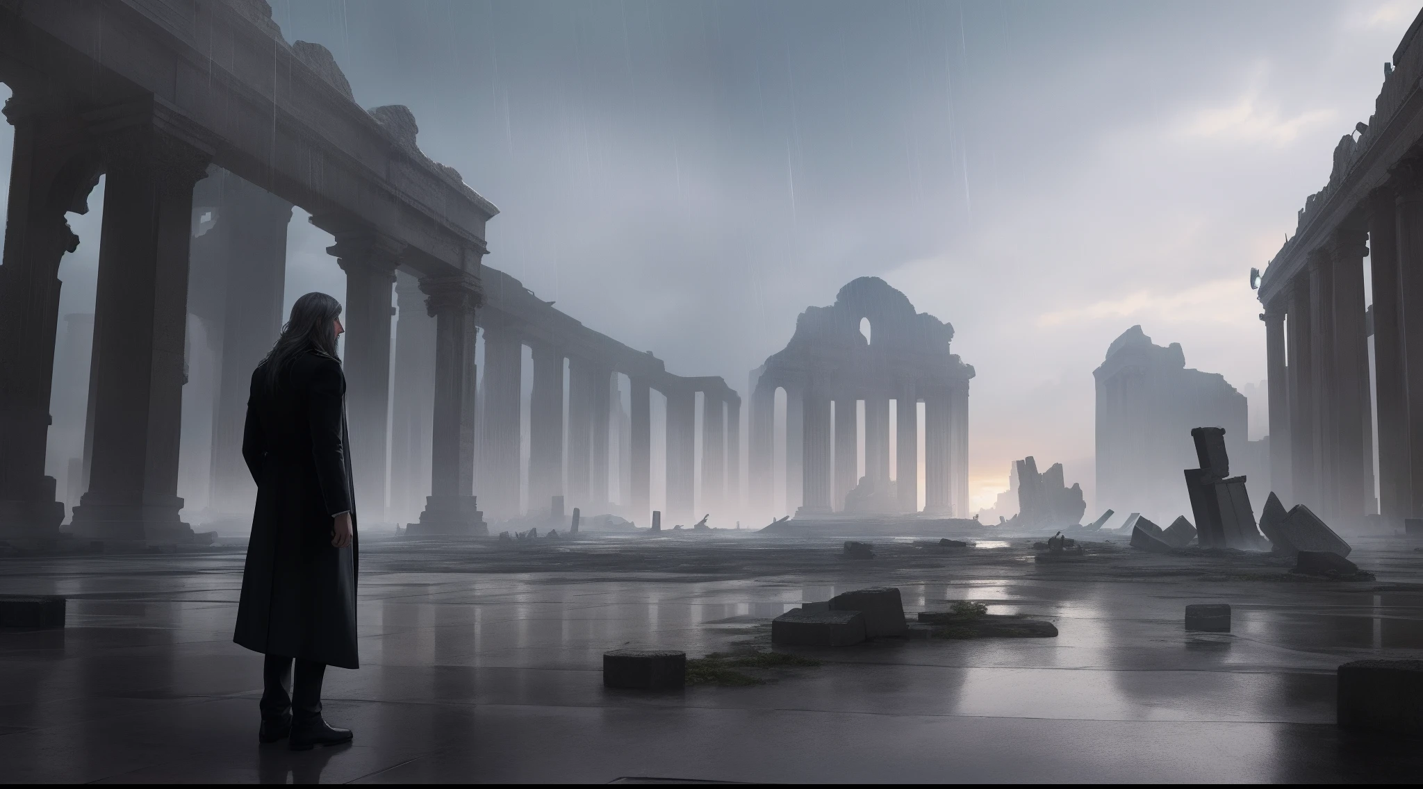 Masterpiece，Best quality，High detail，Epic detail，hyper qualit，8K，illusory engine，Sophisticated，ultra - detailed，best qualtiy，Solo，long  white hair，black greatcoat，A grown man stands on top of the ruins of the city，Barren roads，Torrential downpour，Dimly lit sky。Wide view，cinema shot