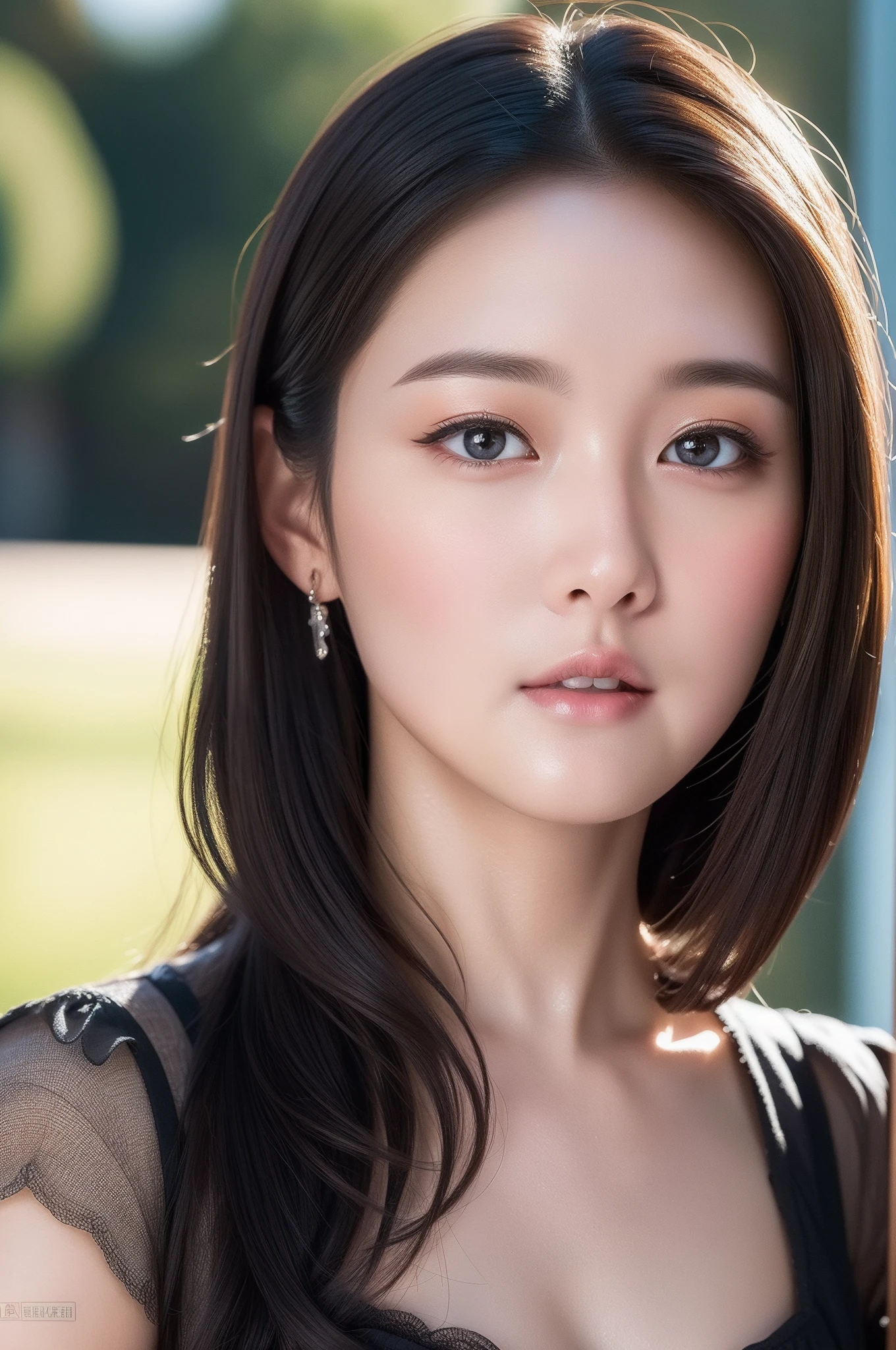 ((Top Quality, 8K, Masterpiece: 1.3)), Sharp Focus: 1.2, (Cute Actress: 1.3), Realistic Photo, (Shiny Skin: 1.3), Realistic Photo, Black Hair, Realistic Pupil, Movie Lighting, Highly Detailed Eyes and Face, medium Cleavage