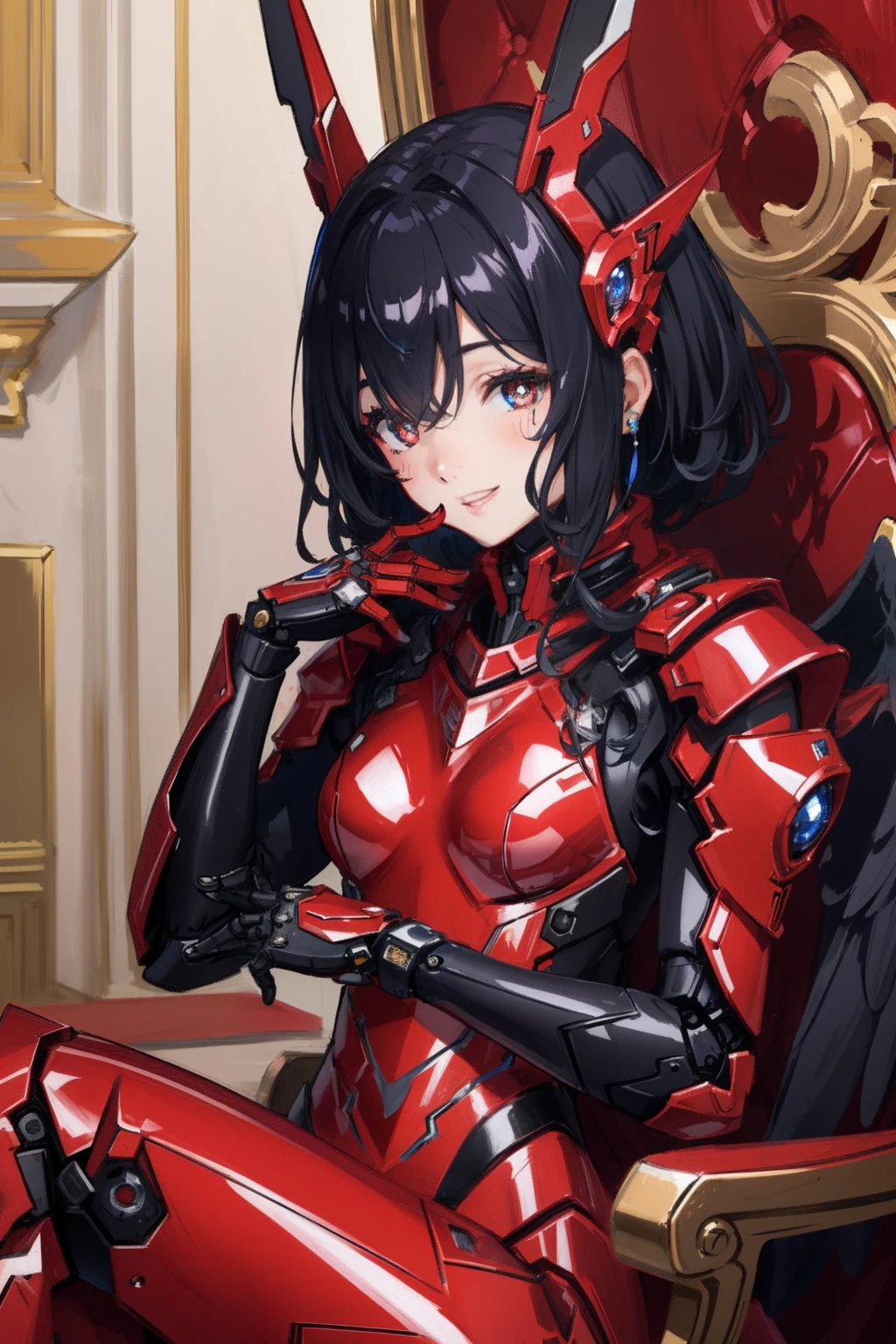 (master piece, Best Quality), Intricate details, (((laugh))), valkyrie, kawaii, Cheerful smile, Looking at Viewer, deepred Feather Headgear, Night, (((In the Red Room))), red wall, Sitting, Hand up, student, Upper body, light Particle,
1girl in, Solo, Realistic, ultra-detailliert, (Shiny skin:1.4), Absurd, slender, Dynamic lighting, High resolution, Sharp Focus, depth of fields, Detailed eyes, Sharp pupils, Realistic pupils, (((flat breast))), (thick thighs:1.0),
Portrait, swept bangs, short hair with black curly hair, Sapphire drooping eyes, crimson thighs, Deep Red Detached Single Sleeve, Robot joints, Crimson Grove, Crimson bodysuit, Crimson reinforced suit, raven wings, pantyhose, Crimson Full Armor, flower decoration,