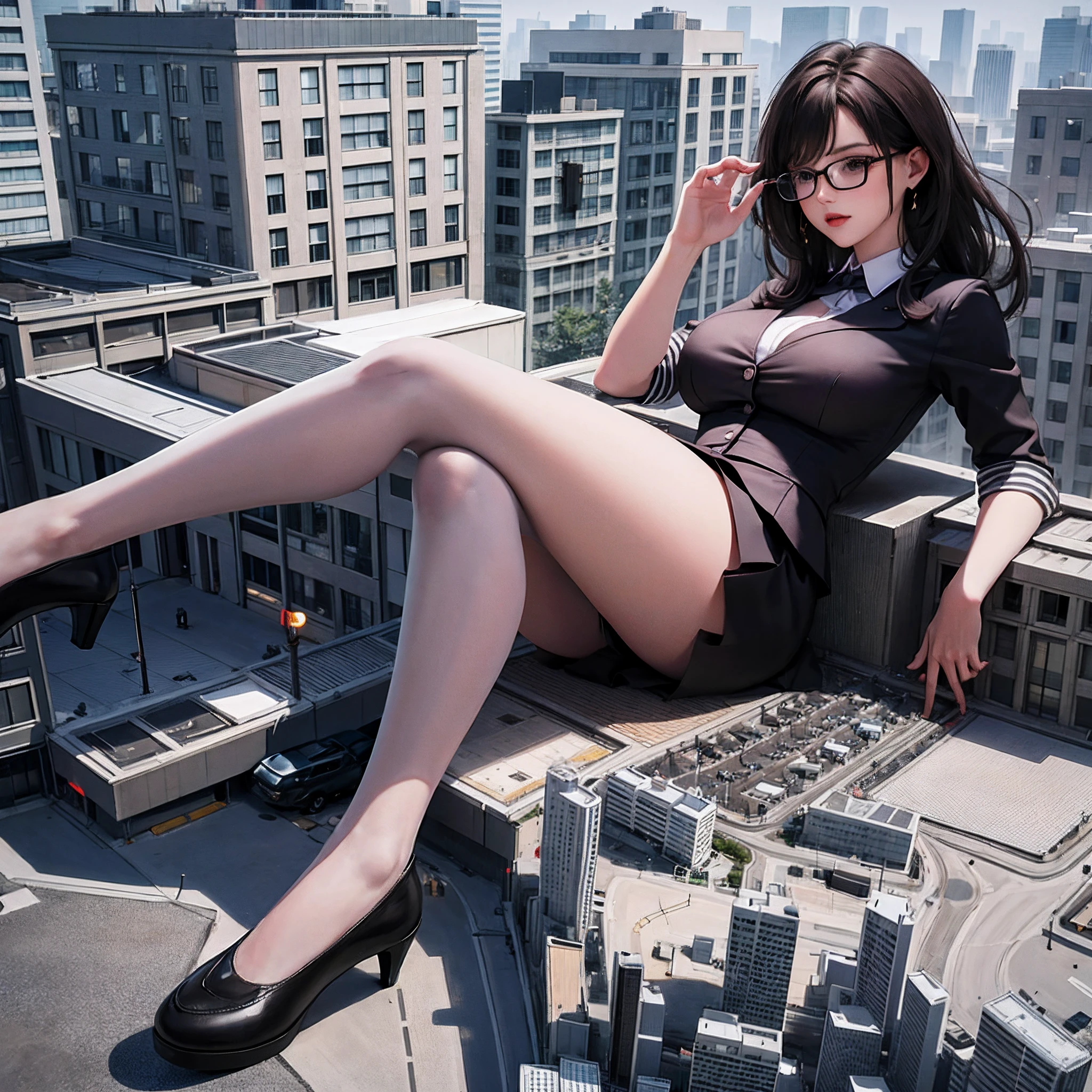 tallgts,giantess，Full body photo，BuildingSeat,school uniforms，wearing glasses,Big breasts，pencil skirts，white lence stockings，stiletto，(Long legs:1.1),Extremely tall girl，Above the house，Beautiful looks，Delicatemakeup，Perfect lighting，Cinematic quality，8K,High quality,(GTScity:1.5),gts,Aerial View，With tiny,group