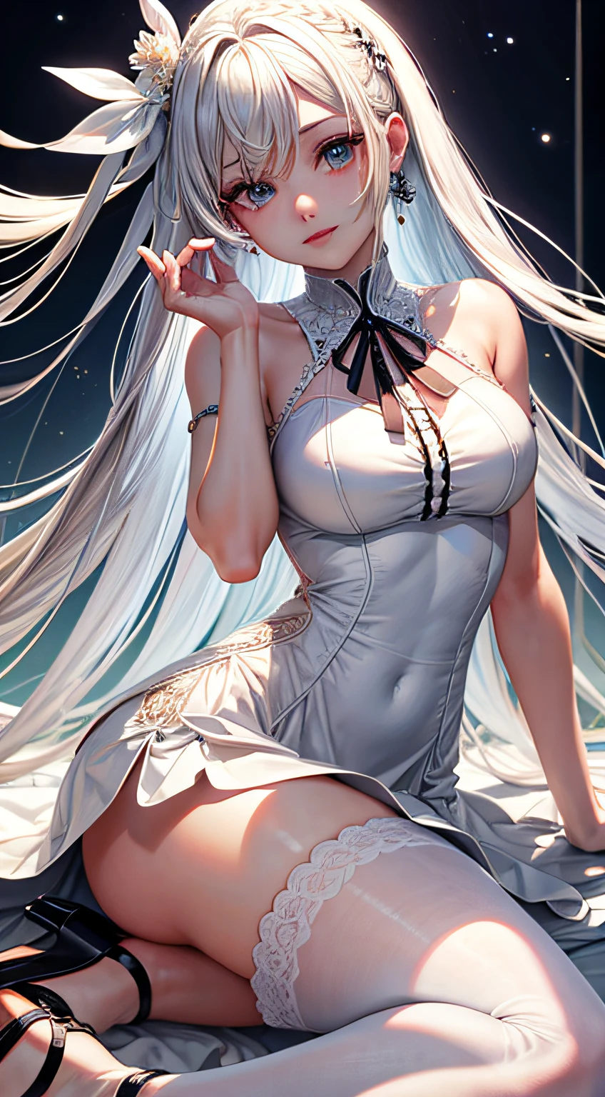 (Complete head：1.9) ，（tmasterpiece，Need），realisticlying，a mature female，long  white hair，Breast dew point，hair adornments，white stockings，(Black dress long dress), (High-heeled ribbon sandals)，( White stocking feet)，parted lip，Be red in the face，the night，fresh flowers,Prom background， Perfect body， s the perfect face， perfect hand， Perfect Finger， Perfect lips， perfect  eyes， Perfect background