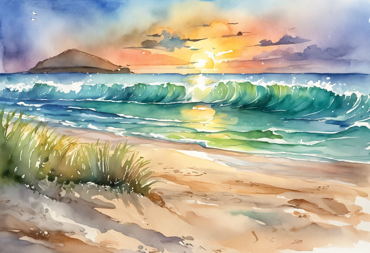 Pixar-style minimalist vector image of a beautiful island sunrise, an open beach with small waves crashing softly on the beach, open view of a calm emerald ocean, the sun just breaks the horizon with rays of rainbow colors softly filling the sky