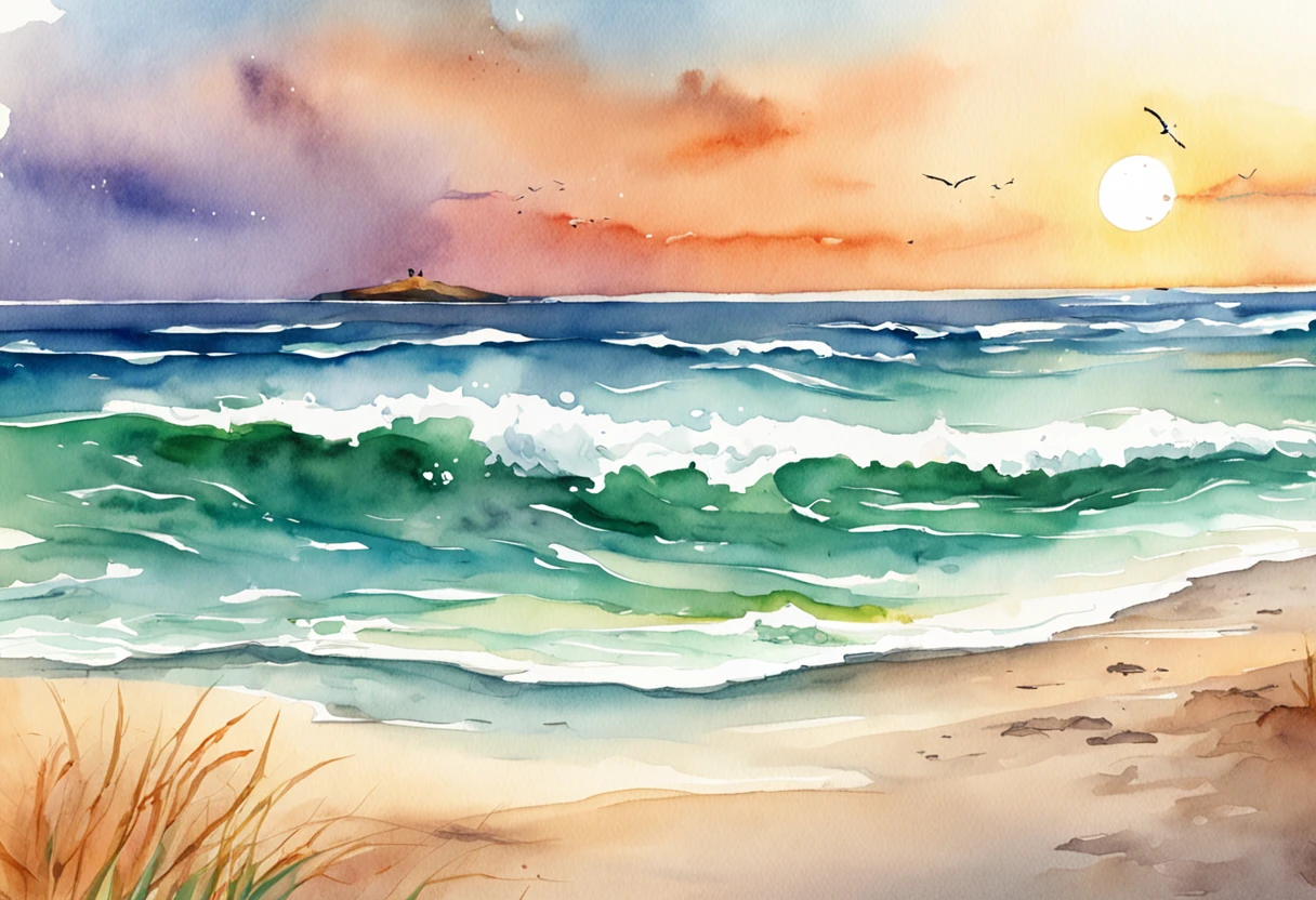 Pixar-style minimalist vector image of a beautiful island sunrise, an open beach with small waves crashing softly on the beach, open view of a calm emerald ocean, the sun just breaks the horizon with rays of rainbow colors softly filling the sky