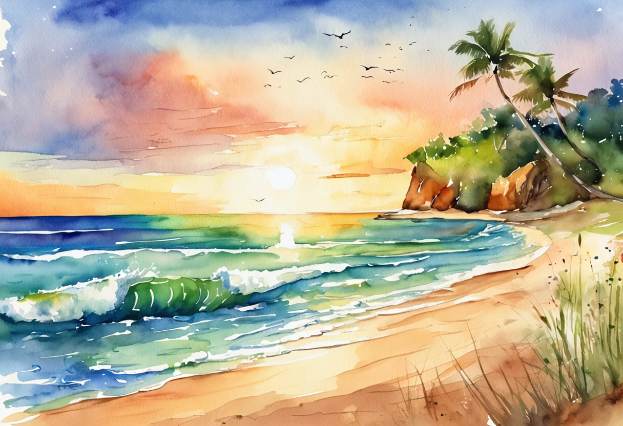 Pixar-style minimalist vector image of a beautiful island sunrise, an open beach with small waves crashing softly on the beach, open view of a calm emerald ocean, the sun just breaks the horizon with rays of rainbow colors softly filling the sky