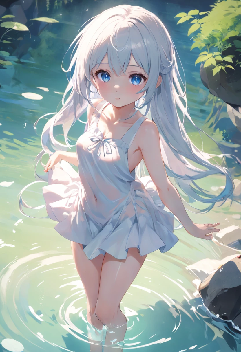 (HD illustrations),The best picture quality, The best lighting effects,With blue eyes,stubasa(silber hair:1.3+whaite hair), Lakeside clear pond, Petite slender legs,Short white skirt,Splash water,Fresh face,Pure and lovely，Cute loli，long whitr hair，Leaky shoulders，Barefoot，head looking up，Lie on the ground，Raise your feet，shift dresses，white  panties，largeeyes，Anime cute face，Loli，Long white socks，Masturbation