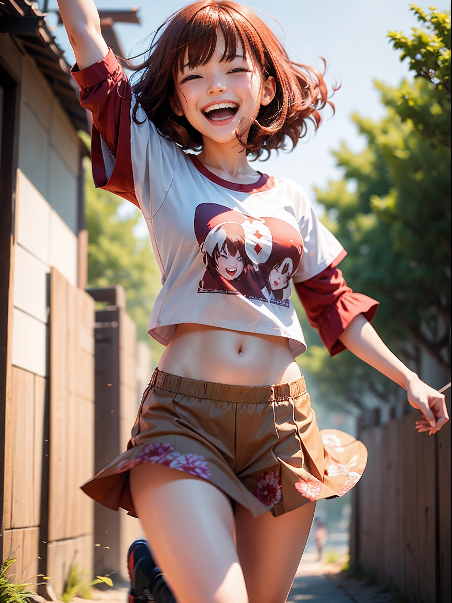 1girl in(((Laughing)))、Reaching the climax:1.3, short-cut、masutepiece、Bottoms are randomly generated、( Cucumber illustration printed shirt )、brown and dense hair、Red GI Cut、fleeing、Background bokeh:1.5