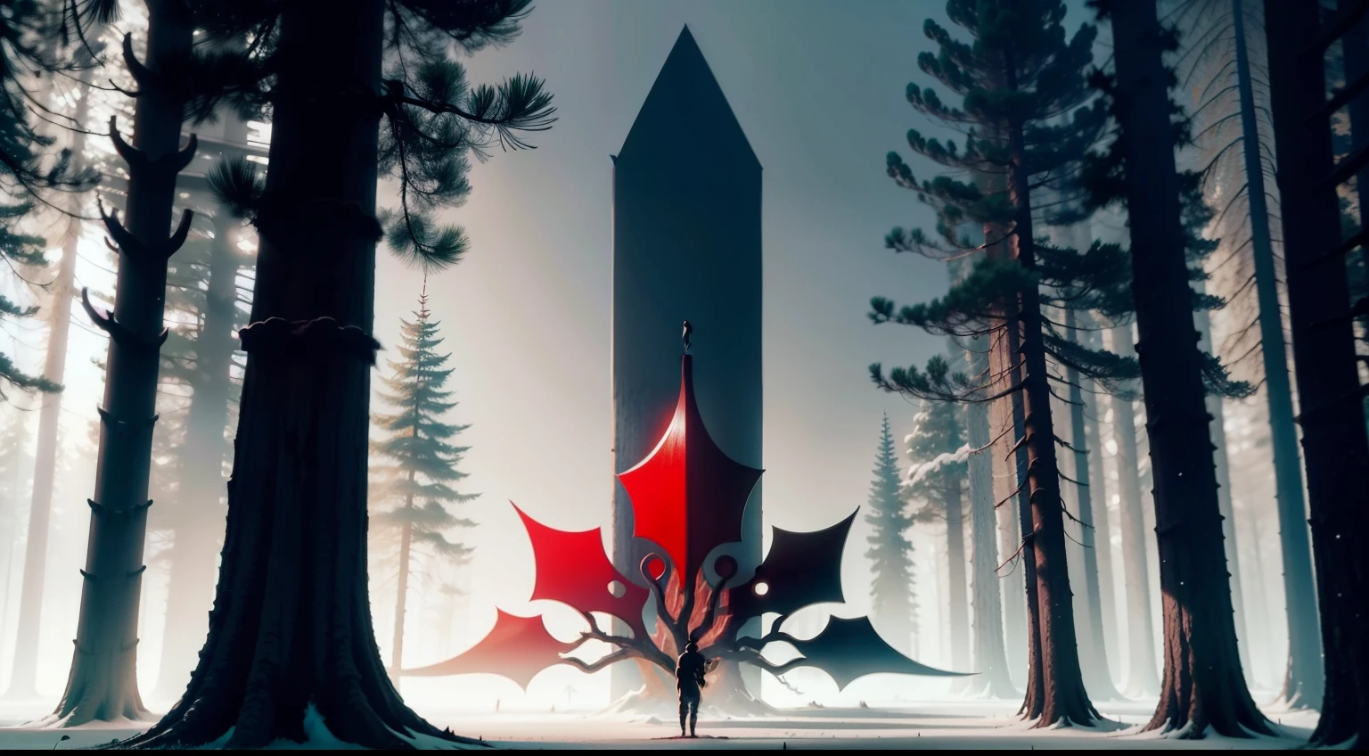 Ninja drilling tree in forest, 2D minimalista, vermelho preto e branco