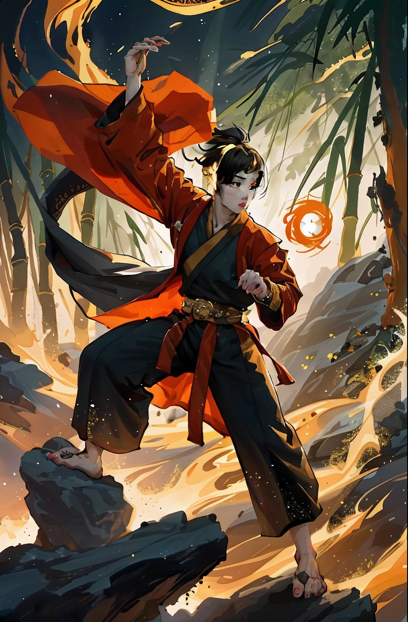 Combat-ready pose，He wore a ring on his hand，Young males，eighteen years old