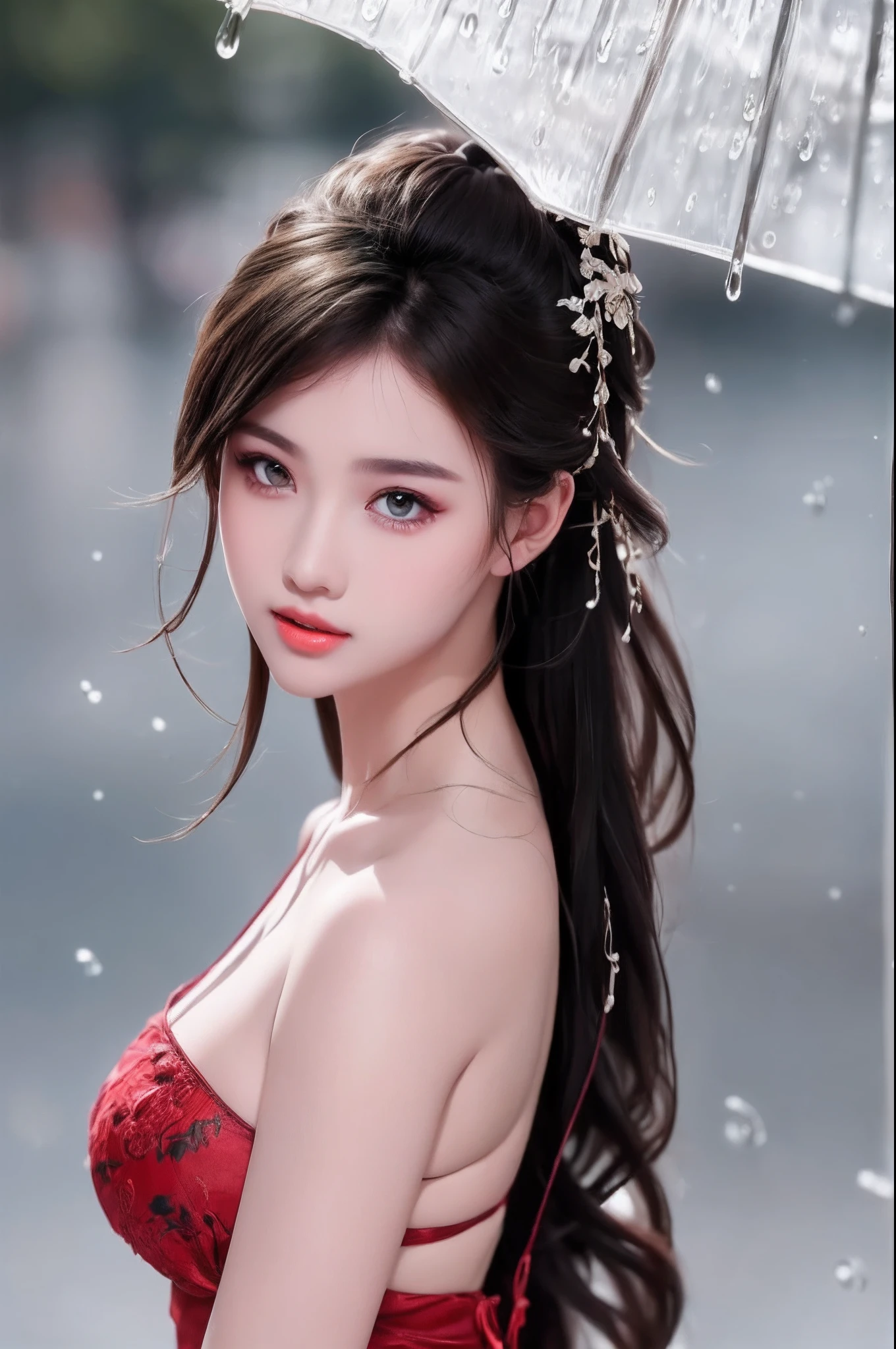 ((Best Quality, 8k, Masterpiece: 1.3)), Focus: 1.2, Perfect Body Beauty: 1.4, Buttocks: 1.2, ((Layered Haircut)), (Wet Clothes: 1.1), (Rain, Street:1.3), (Breasts: 1.2), (Hanfu: 1.2), Bare Shoulders, Bare Legs, Highly Detailed Face and Skin Texture, Fine Eyes, Double Eyelids, Whitened Skin, Long Hair, (Shut Up: 1.5), (Bokeh Background: 1.5), Big Breasts