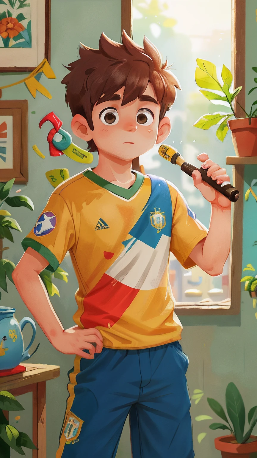 Garoto branco, , cabelo raspado, wearing a shirt of the Brazilian national football team, saindo da escola, foco claro (desordem - casa: 0.8), (obra-prima: 1.2) (Realista: 1.2) (Bokeh) (Melhor qualidade) (Pele detalhada: 1.3) (Detalhes intrincados) (8K) (Olhos de detalhe) (foco nítido), (Feliz)