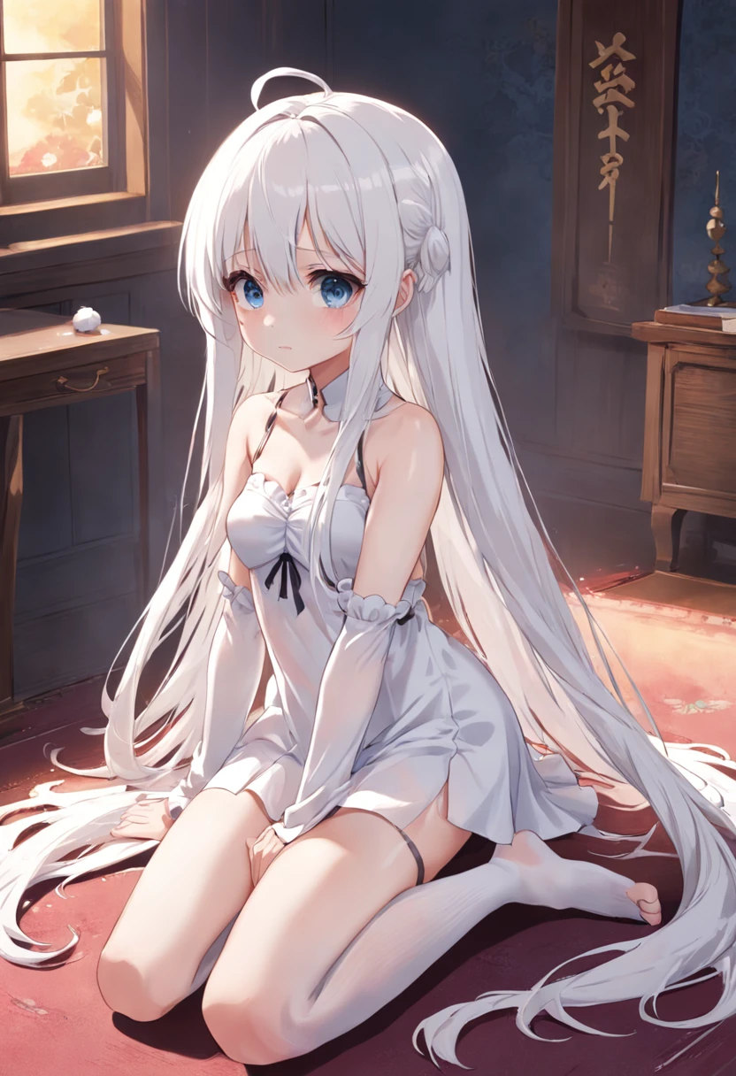 Cute loli，long  white hair，white  panties，white dresses，Kneeling on the carpet is，largeeyes，Long white socks，Barefoot，Leaky shoulders