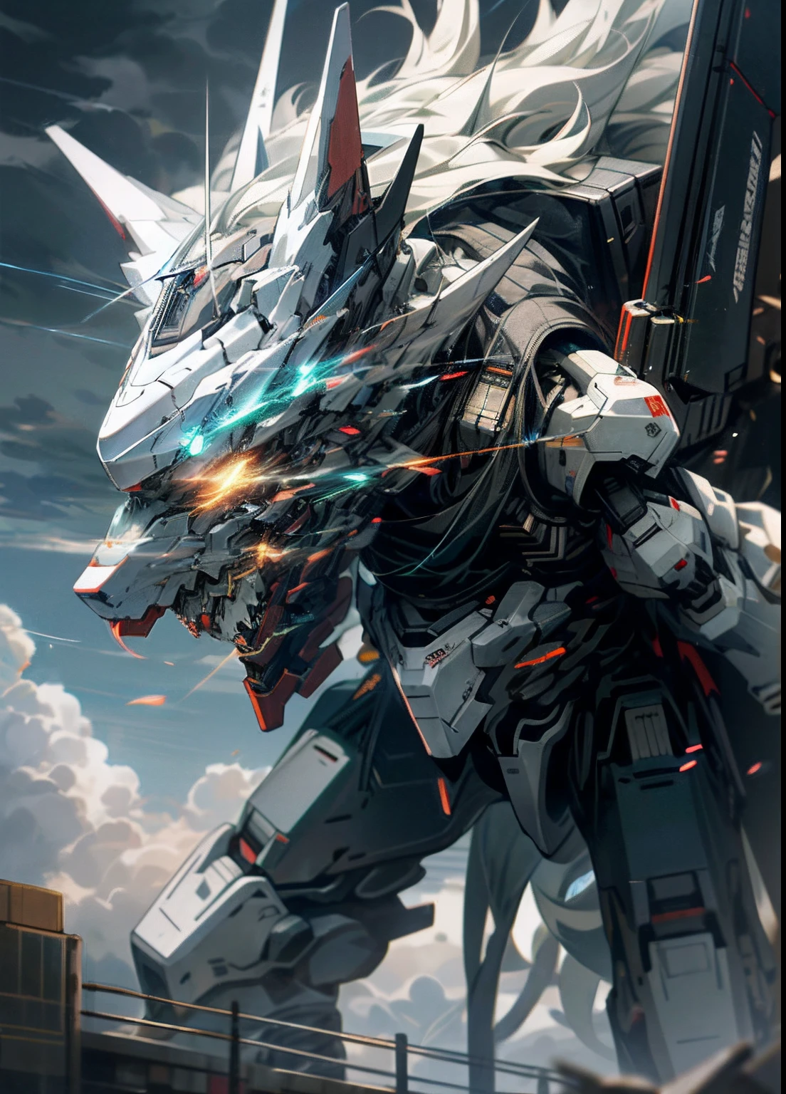 Skysky，​​clouds，holding_weapon，no_humans，with light glowing，，Robot Wolf，buliding，glowing_eyes，mecha，scientific fiction，城市，Realistis，mecha