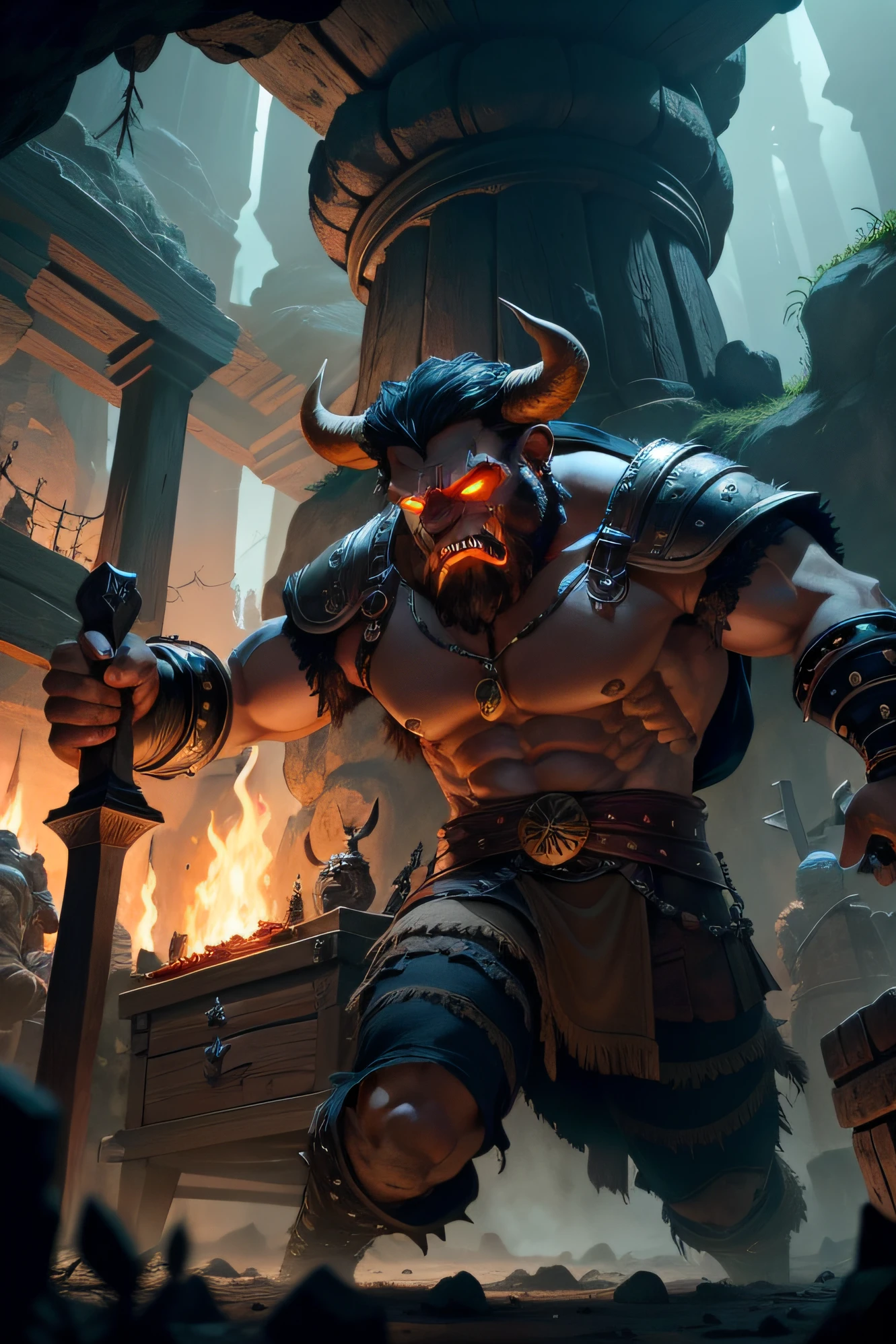 Vista do fundo de uma caverna escura, Inside it is a mythological minotaur with orange skin, Olhos vermelhos, aggressive features, holding a medieval axe with two blades, Looking in our direction. Behind him, a huge wooden chest with gold coins falling from the edge, espadas, Skulls and potion bottles thrown on the ground. estilo de papel de parede tibia, escala horizontal ampla
