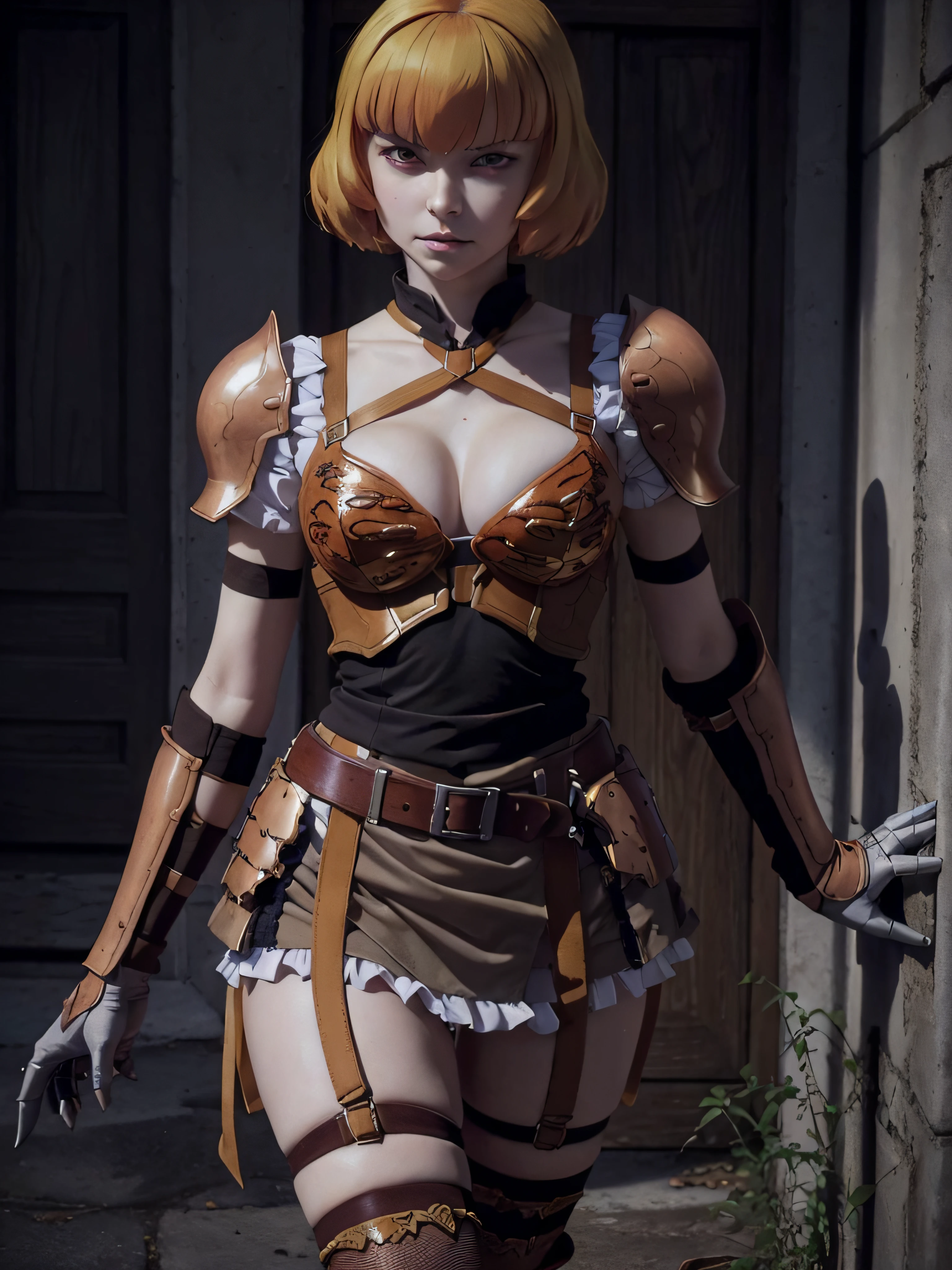 (masterpiece, best quality), intricate details, 1girl, clementine \(overlord\), armor, garter belt, gauntlets,