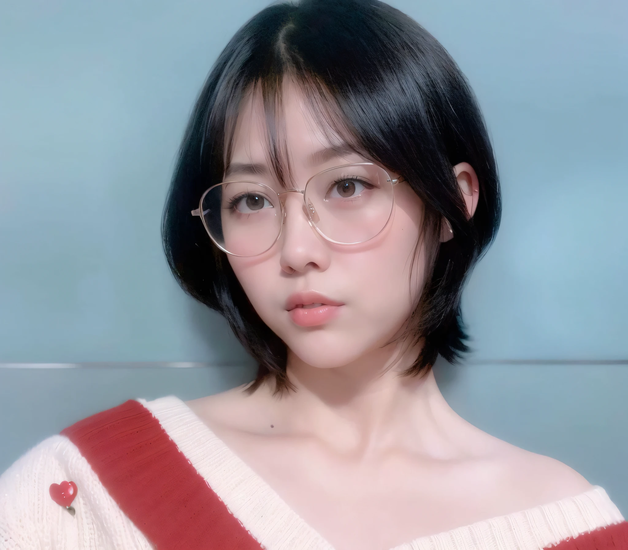 Allard woman with glasses and red and white sweater, with short hair, wearing thin large round glasses, 🤤 girl portrait, inspired by Ma Yuanyu, white hime cut hairstyle, ulzzangs, short detailed hair,By bangs, tidy hair,By bangs, 8k selfie photograph, f / 1. 9 6. 8 1 mm ISO 4 0, With glasses