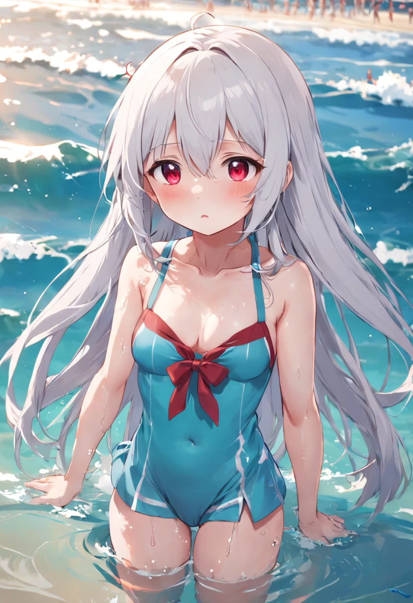 Cute ,swimming uniform,beachside,long white hair,Wet da,is shy,Be red in the face