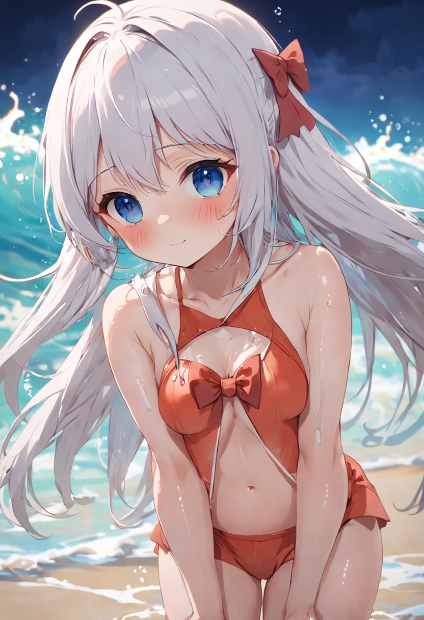 Cute ,swimming uniform,beachside,long white hair,Wet da,is shy,Be red in the face