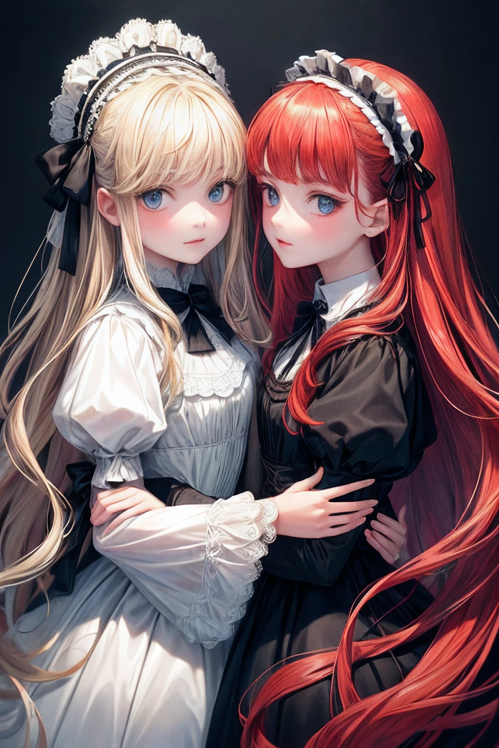 (Masterpiece:1.2, Best quality),(Best illumination, An extremely delicate and beautiful),(Best illumination, An extremely delicate and beautiful), (Beautiful detailed face), (finely detailed  eyes and detailed face:1.2), Two girls，Ten fingers interlocked，One has long red hair，One is short blonde hair，（（gothic clothing）），Wearing a black and white dress，Lolita Girl，cute female ，2girls，Bow headdress