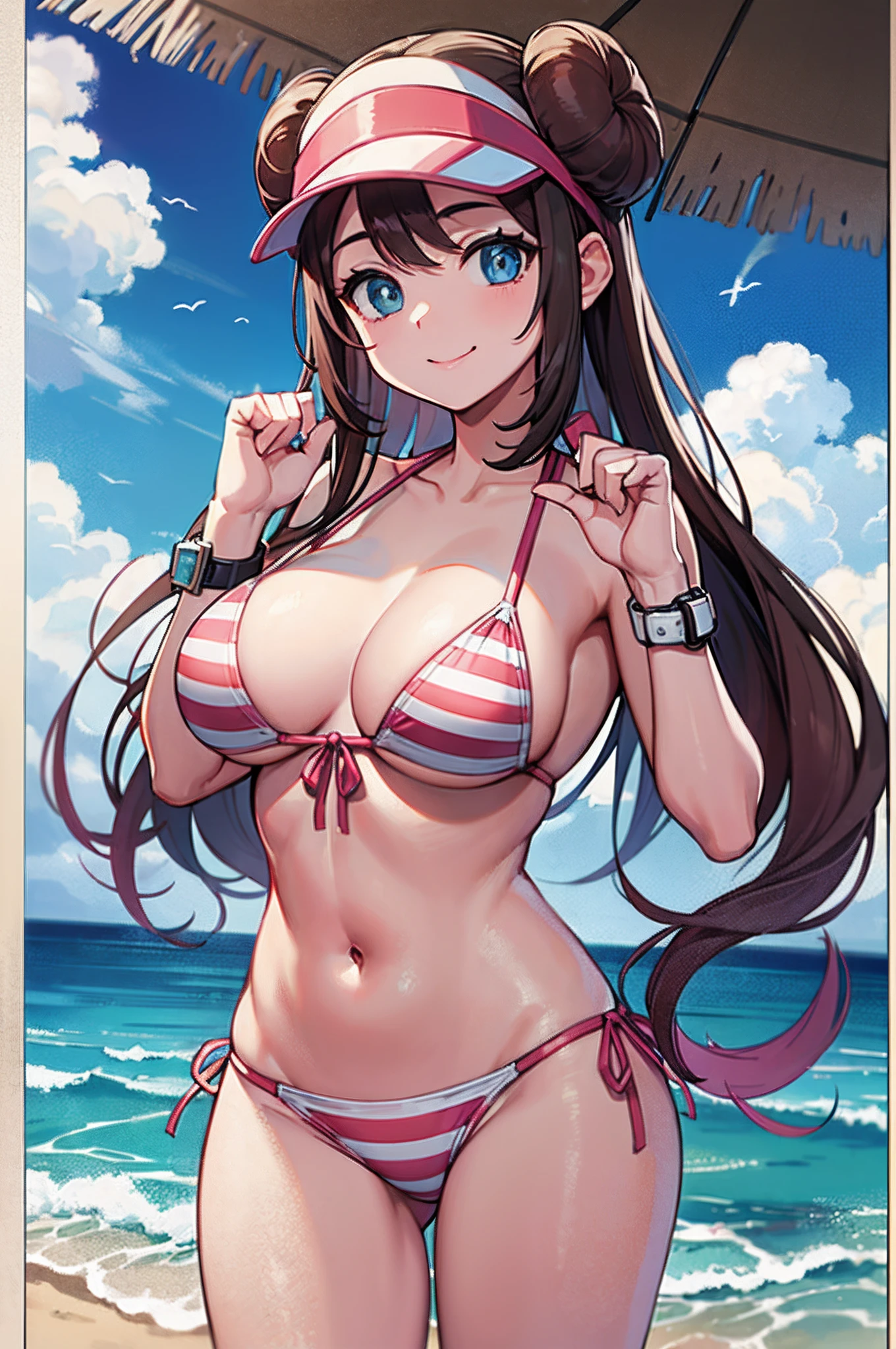 masterpiece, top-quality, hight resolution, RO1, Hair buns, blue eyess, Twin-tailed, Visor Cap, Pink striped bikini, wrist watch, middlebreasts, is standing, cowboy shot, the beach, A smile, Holding a large towel with both hands