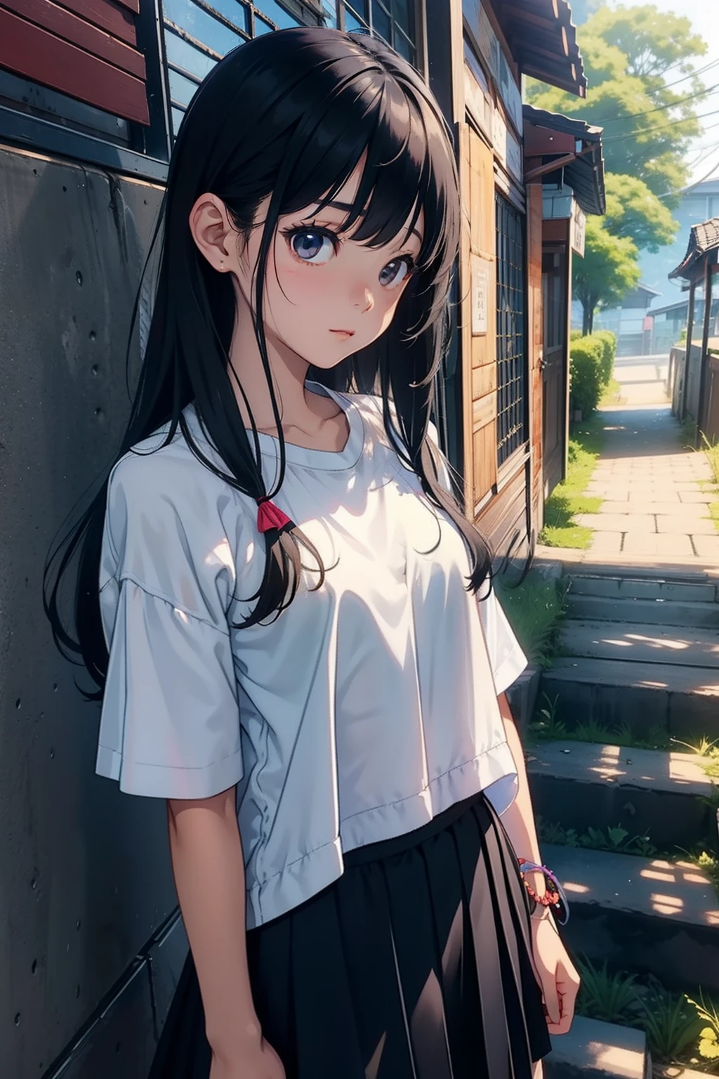 A girl is in、sobu、brightly、The shirt、skirt by the、Summer clothing、Morning、Long black hair、Upper body portrait