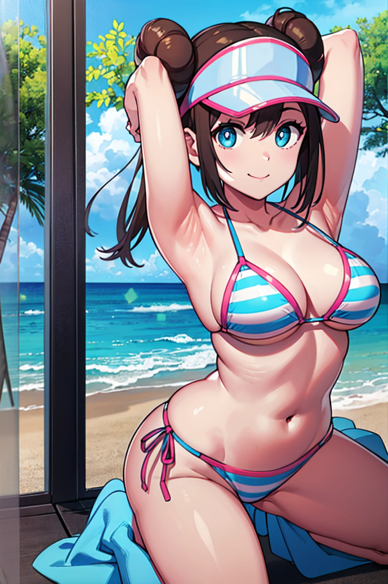 ​masterpiece, top-quality, hight resolution, RO1, Hair buns, blue eyess, Twin-tailed, Visor Cap, Pink striped bikini, wrist watch, middlebreasts, Kneeling,Hands behind the head、Armpits、 cowboy  shot, the beach, A smile,