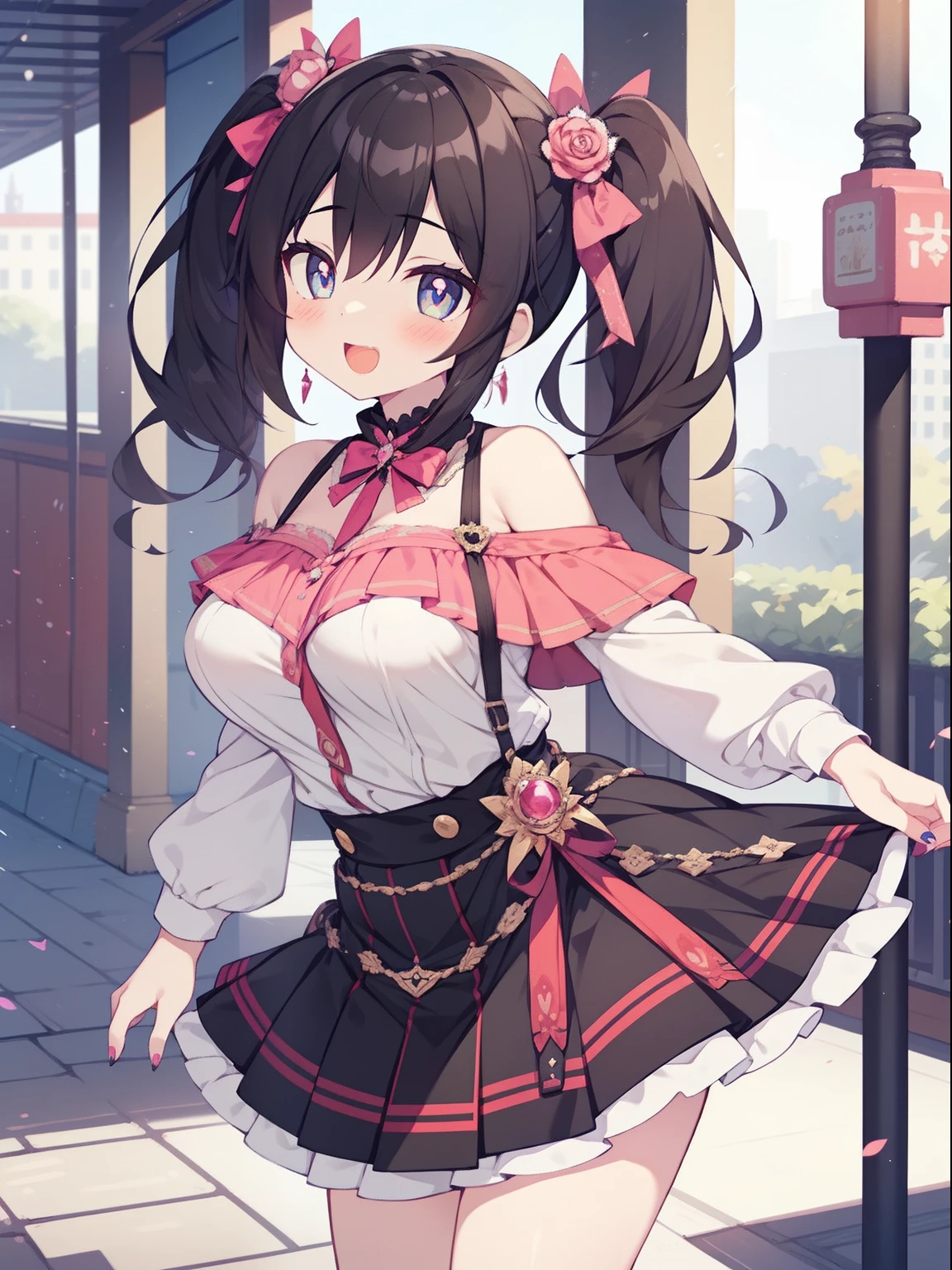 (1girl in:1.2), (Solo:1.2), masutepiece, nffsw、Shaders、Brilliant Textured Work、Ultra-detailed eyes、ultra-intricate pupil in eyes、top-quality、Dark hair、Landmine fashion、Half Twin Tail、Beautiful nails、high-heels、decoration、Batch Remake、Pink tops、Black skirt、Kamimei、Pink blush、Mouth that laughed、from the front side、Forward leaning position、large full breasts、valley、Shoulder out、