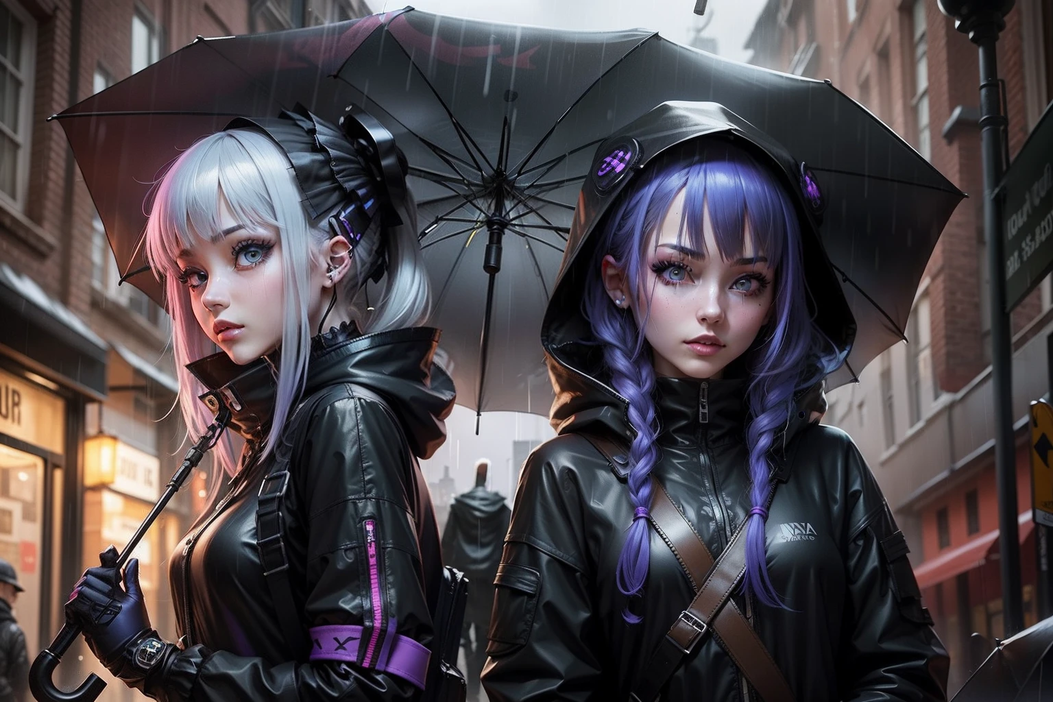 Ana cyber goth girls with na umbrella under the rain in a noisy street