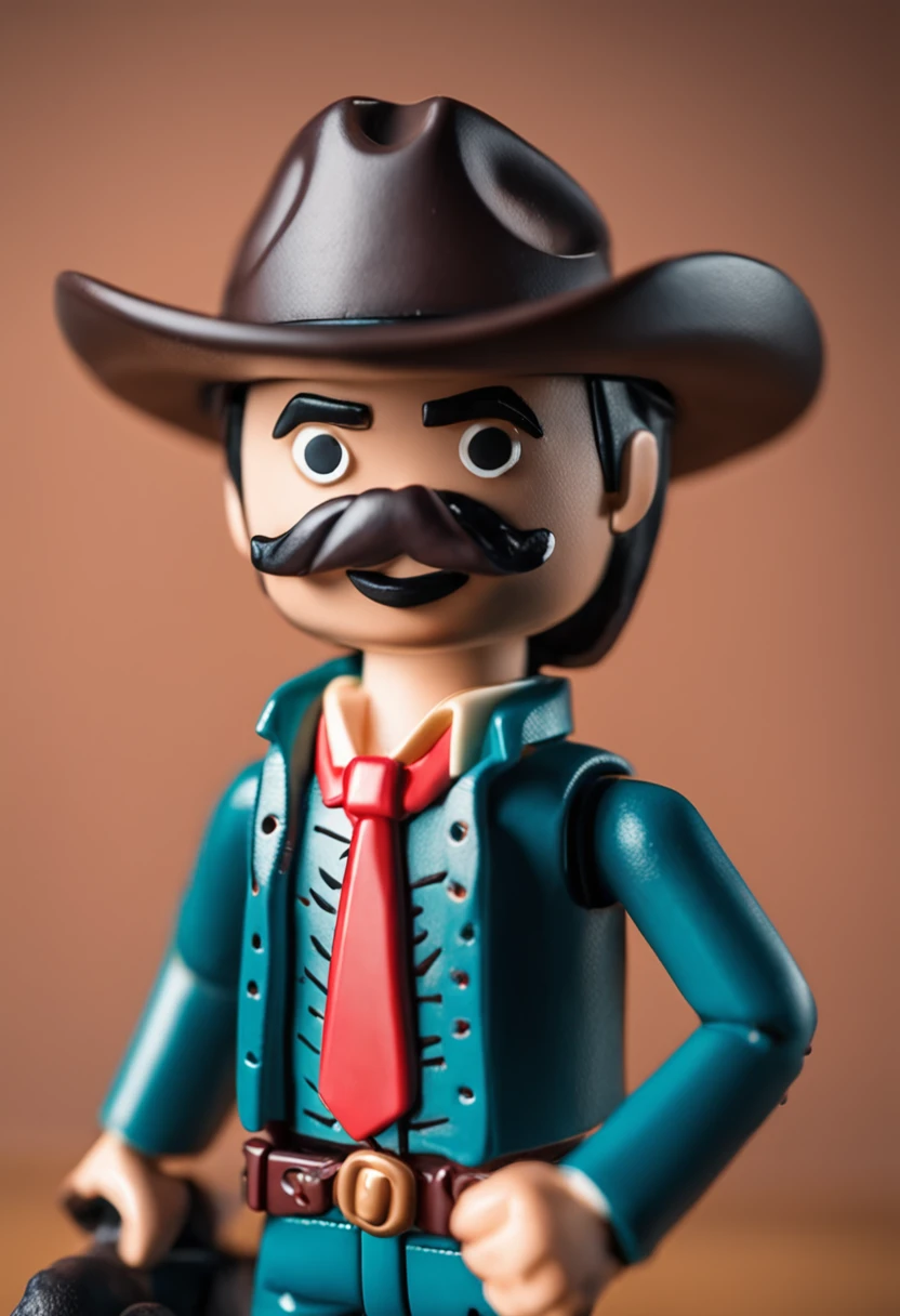 um close up de uma figura de brinquedo playmobil ultra detalhado, handsome and aesthetic, extremamente detalhado, dinamic angle, tiro de cowboy, a forma mais bonita do caos, elegante, um design vivo, cores vivas, obra-prima, melhor qualidade, cabelo preto, olhos circulares e marrons, sorriso leve, sem nariz, best real and colorful plastic texture, sombra projetada, perspectiva, 8k, super detalhe, muito preciso, best cinematic quality, altamente detalhado, cinemactic, estilo anos 70