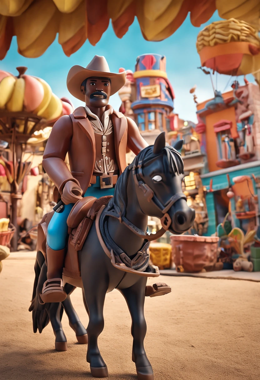 um close up de uma figura de brinquedo playmobil ultra detalhado, handsome and aesthetic, extremamente detalhado, dinamic angle, tiro de cowboy, a forma mais bonita do caos, elegante, um design vivo, cores vivas, obra-prima, melhor qualidade, cabelo preto, olhos circulares e marrons, sorriso leve, sem nariz, best real and colorful plastic texture, sombra projetada, perspectiva, 8k, super detalhe, muito preciso, best cinematic quality, altamente detalhado, cinemactic, estilo anos 70