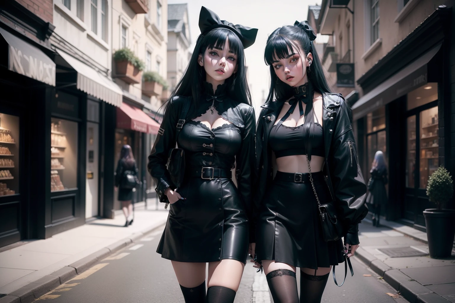 (obra maestra) (La mejor calidad) A selfie of several gothic-looking kawaii women on a London street. are young, alegre y me encanta hacer bromas en las fotos.
