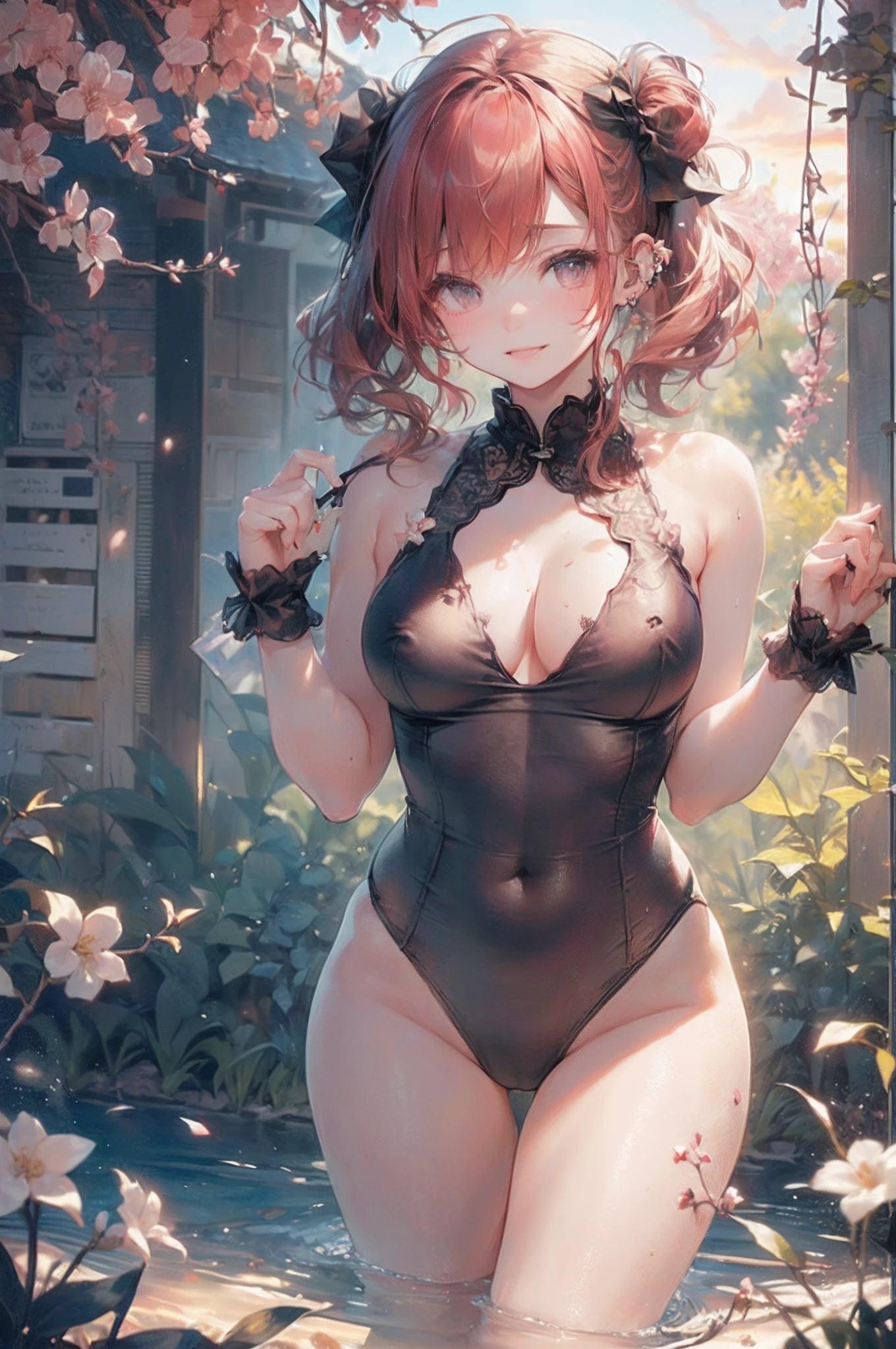 1girl in,redhair,Military Uniform Black Shirt Pencil Skirt ,((((Photorealsitic))))、((((slim figure)))),((nffsw　48))、((((((fully body photo))))))、((Sunset in the background))、((Cherry blossoms on background)),((Smiling)),((NIKON　Z))、((((age19)))),(((C-cup bust))))、(((Colorful lace swimsuit)))、((((mekosji)))),(((pore feel)))、(((Muscle feeling)))、(((photorealisim:6, realisitic)))、((耳Nipple Ring)), ((Sideways and turning around pose)),perfect breast shape、((Upside ponytail))、(bow ribbon)、((Wearing scrunchies on wrists)),hair adornments、pale-skinned、Missing the line of sight、Small waist
