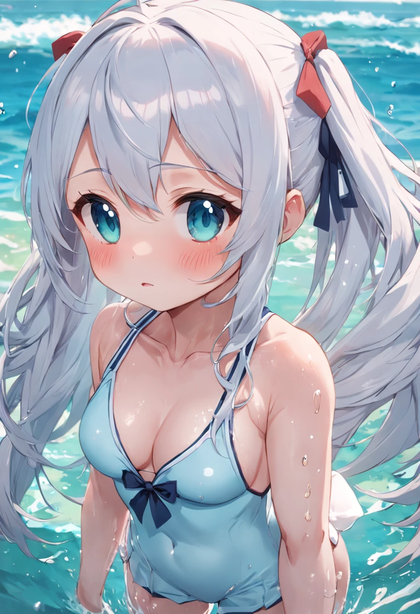 Cute loli,swimming uniform,beachside,long white hair,Wet da,is shy,Be red in the face,white swimsuits