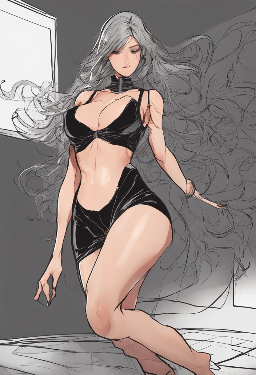 quadratic element,Long black hair drapes,huge tit,Big breasts Thin waist,Peach buttocks,Black heels,randome pose,black pantyhoses,Skirt that wraps hips,Glow skin,Leg lines,Plump body,Delicate face