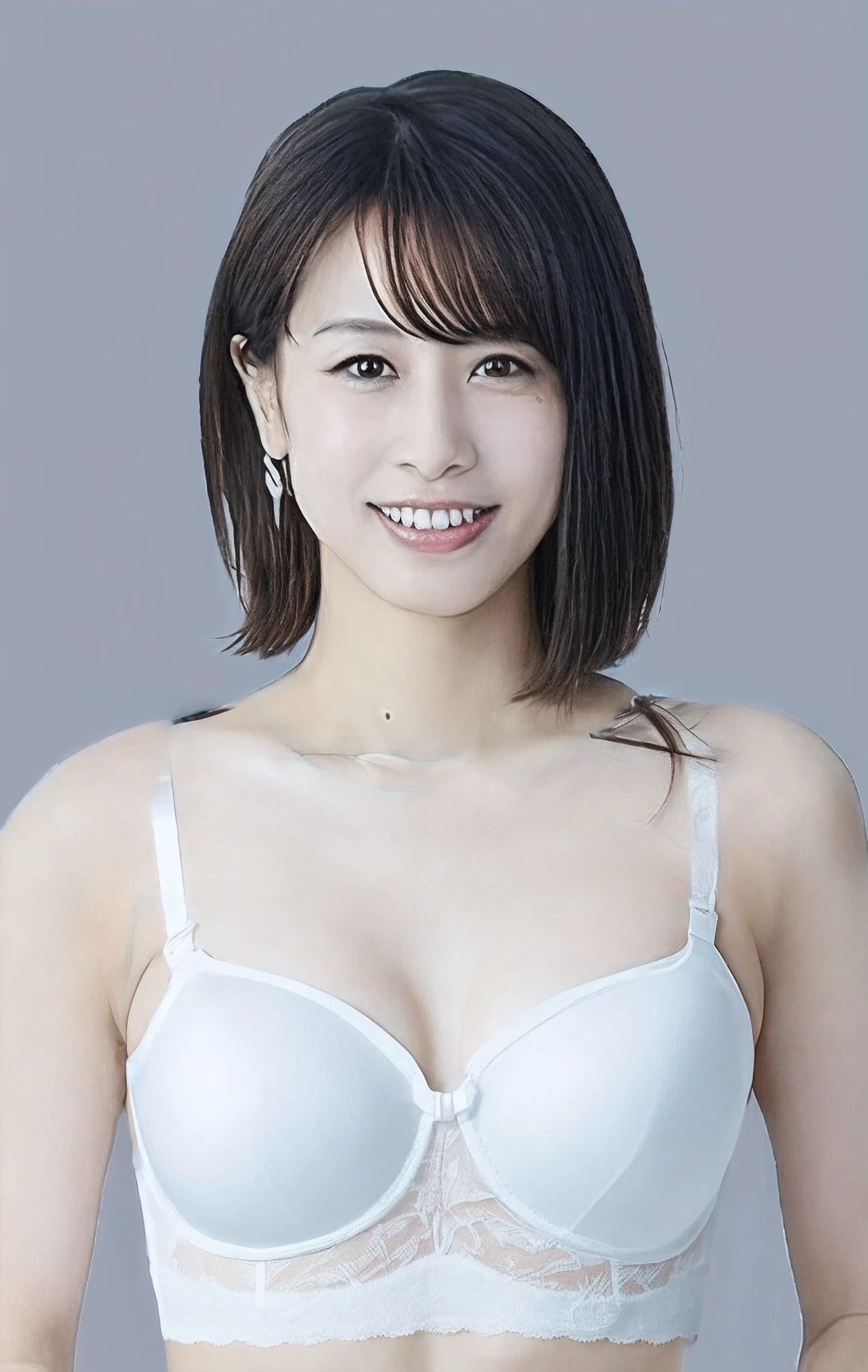 ((Satin Bra、Colorful bra、no-makeup、wearing skirt))、(realisitic、Photorealsitic、ultra-detailliert、Highest Details Skins、top-quality、masterpiece、超A high resolution)、Cute Japan Woman、、hi-school girl、younggirl、1 girl in、I have bangs、二重まぶた、drooing eyes、Large black eyes、Japanese style face、ssmile、Charming、purity、Cute smile、double tooth、View here、Realistic skin type、simple background、thighs thighs thighs thighs、short-cut