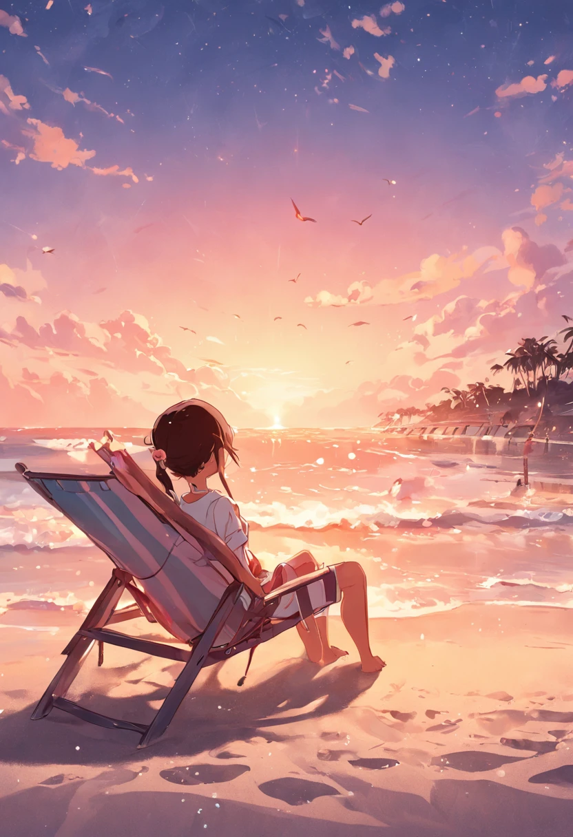 Esqueleto cartoon, on the beach wearing sunglasses and beach shirt, relaxando em uma cadeira de praia