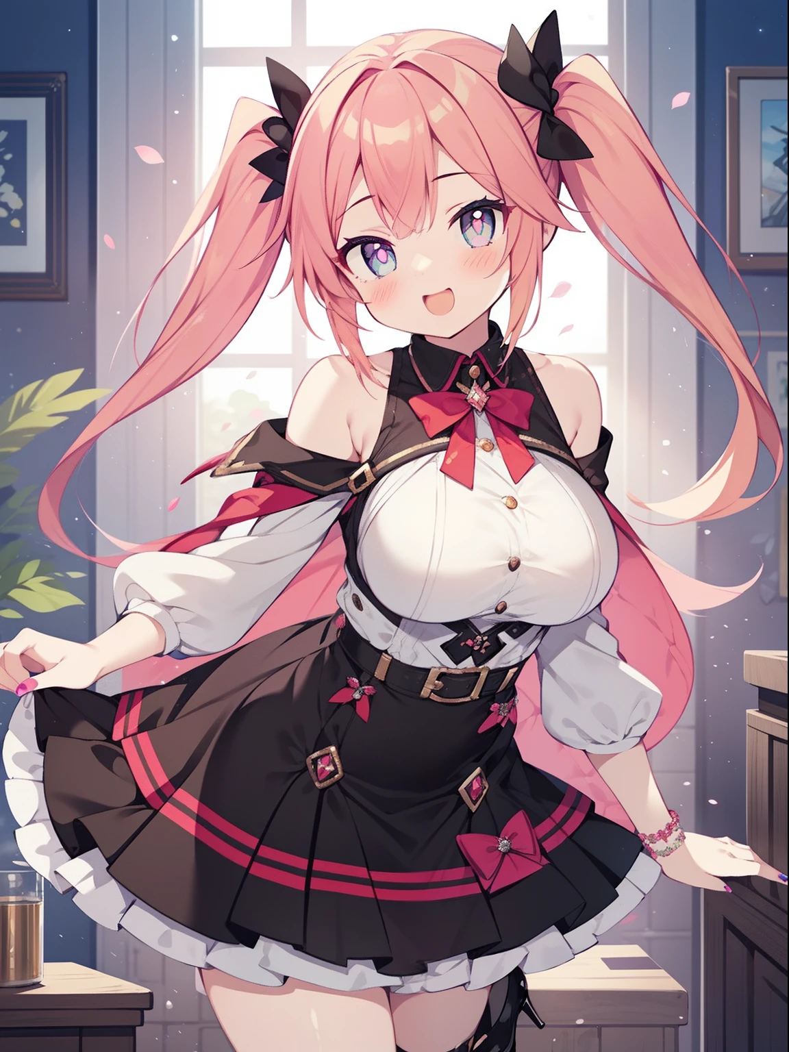 beautiful illustrations, highest quality, pretty girl,beautiful girl、clear face、 half girl、pastel colour ,red hair、black eyes、smile、blush、にこやかなsmile、thighs、devil、black feather、fantasy、fantasy、perfect hands、five fingers、twin tails、horns on head、big breasts、High leg、Wedgie