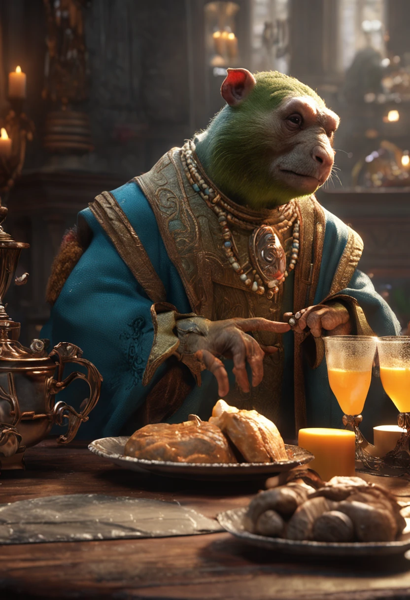 (professional 3d render:1.3) af (Realistic:1.3) most beautiful artwork photo in the world,The marmot prince with an expensive crown,anthropomorphic turtle,Mango juice drink in hand,On the table is a cake with candles in the whole body 8K uniform rendering, action shot, skin pore, very dark lighting, heavyshading, Detailed, Detailed face, (vibrant, photograph realistic, Realistic, Dramatic, Dark, Sharp focus, 8K), (Silk clothing:1.4), ((((dressed in silk)))), (Intricate:1.4), Elegant, (Highly detailed:1.4), Digital painting, rendering by octane, art stations, concept-art, smooth, Sharp focus, illustration, Art germ, (loish:0.23), (Global illumination, Studio light, volumettic light), heavy rain, particles floating, fantasy, elf, full bodyesbian, ((Dark and ancient city background:1.3)),CGSesociety,art stations