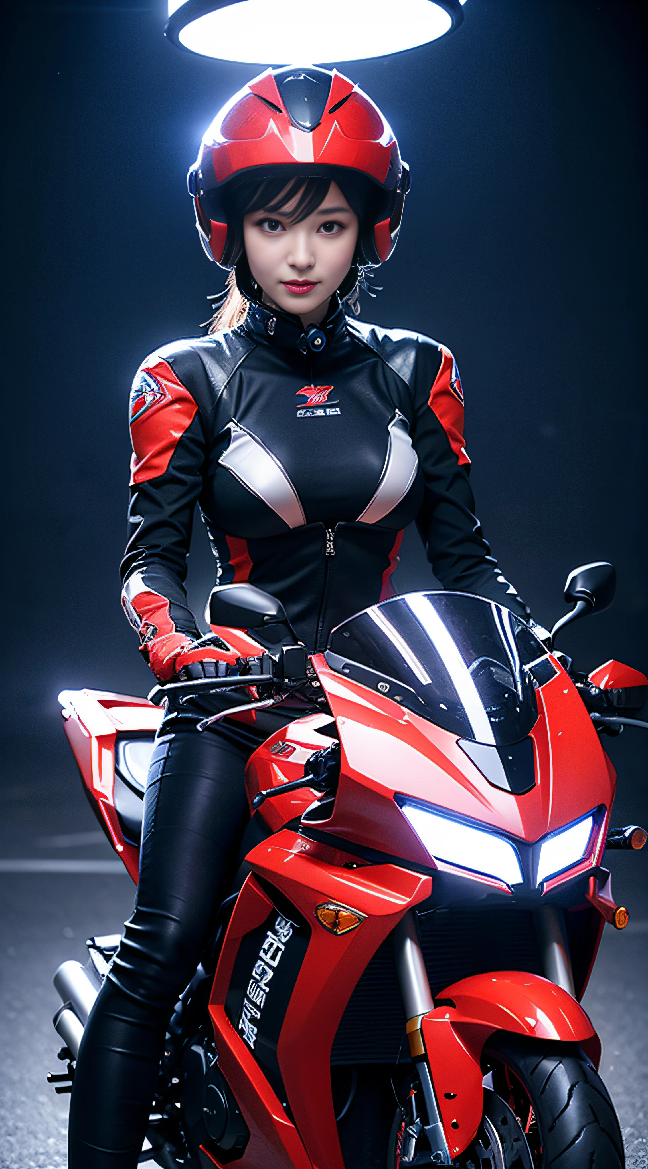 The highest image quality，Excellent detail，超高分辨率，（真实感：1.4），The best illustrations，Favor detail，Highly concentrated 1girl，exquisite and beautiful face，huge boob，Sexy wearing black and red mechs，wearing a mech helmet，Hold the direction controller，riding a motorcycle，the background is a high-tech lighting scene of the city of the future。