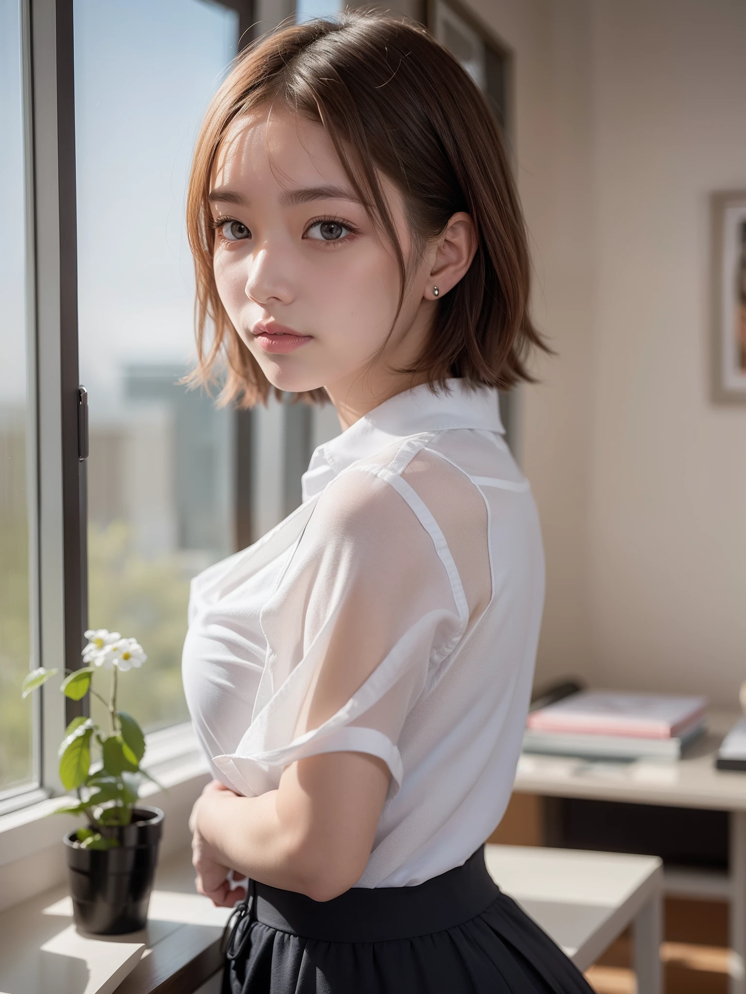 ((of the highest quality, 8K, masutepiece: 1.3, Raw photo)), Sharp Focus: 1.2, (1 AESPA Girl :1.1), Solo, (Realistic, Photorealistic: 1.37), (Face Focus: 1.1), Cute face, hyperdetailed face, short messy hair, Small Smile, small breasts, flat chest, nude, button down shirt, chiffon panties, office room, up-from-under look, thigh